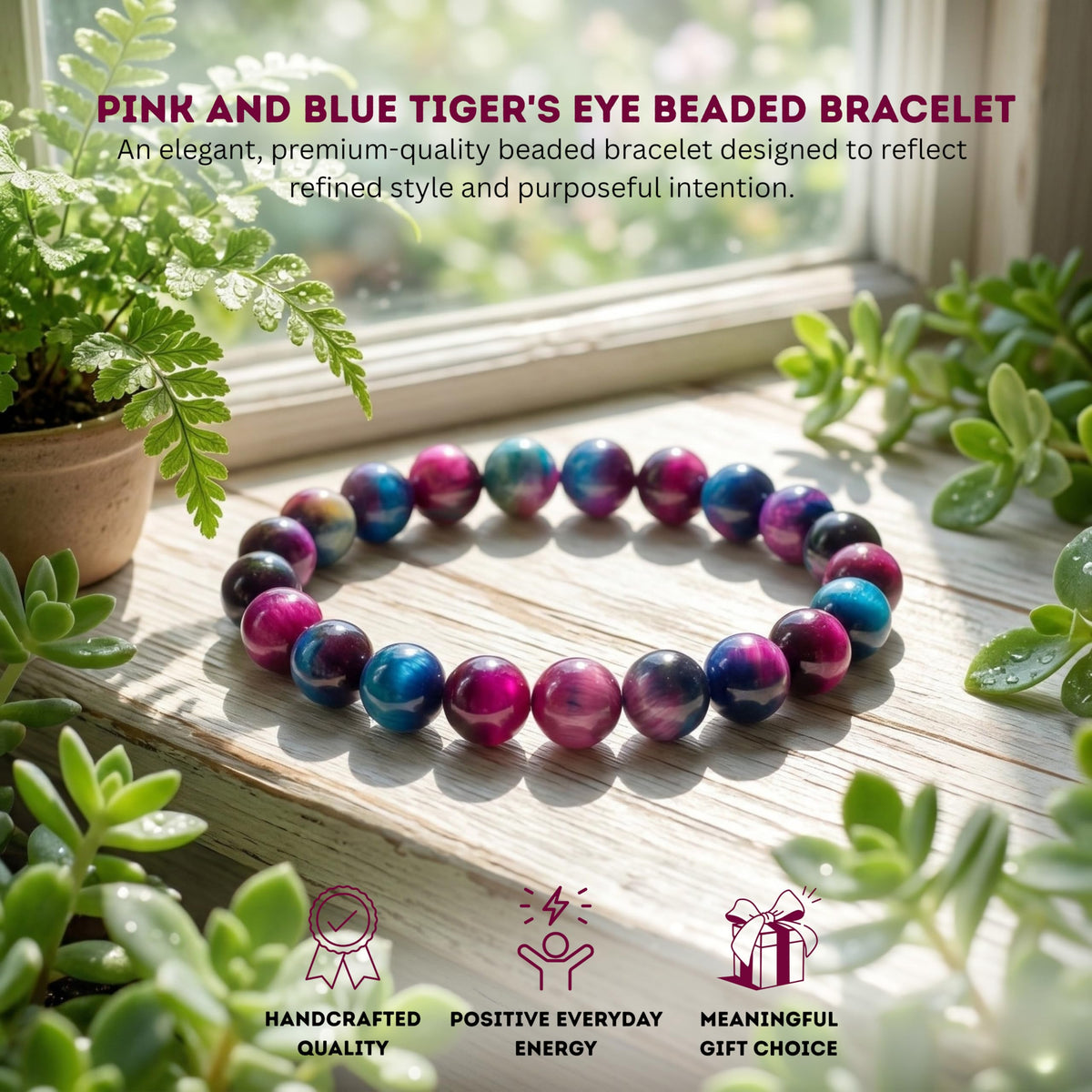 Cherry Tree Collection Pink and Blue Tiger's Eye Beaded Bracelet – Genuine 8mm Gemstone Stretch Bracelet for Men & Women – Handmade Crystal Bracelet - (Pink and Blue Tiger's Eye - M)