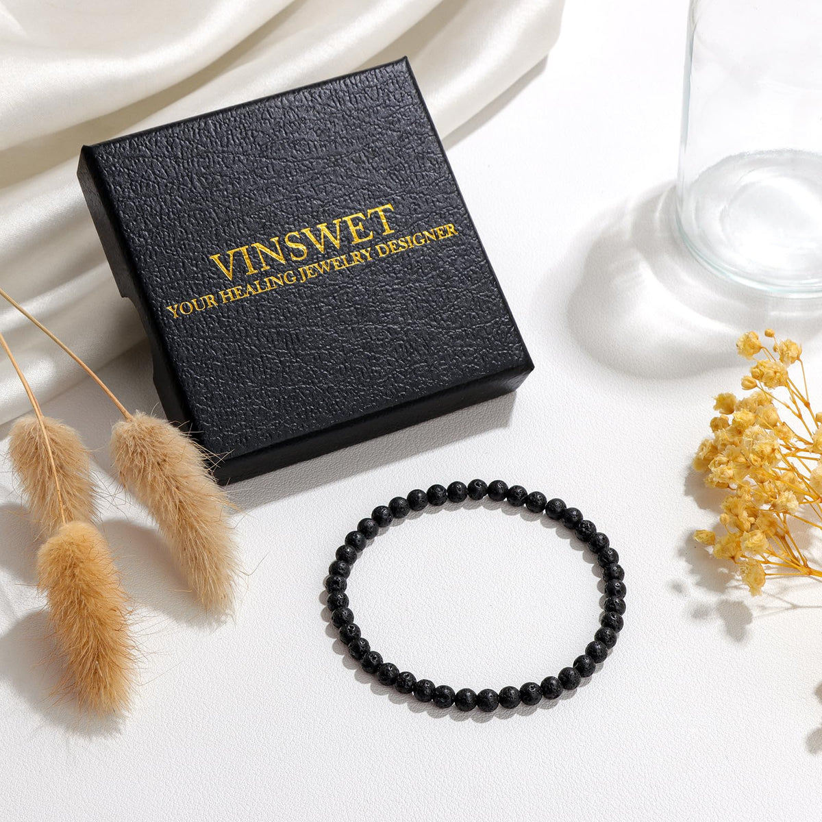 Vinswet Healing Crystal Bracelets for Women Men 4mm Lava Rock Natural Stone Beaded Stretch Bracelet Handmade Gemstone Reiki Spiritual Jewelry Gifts