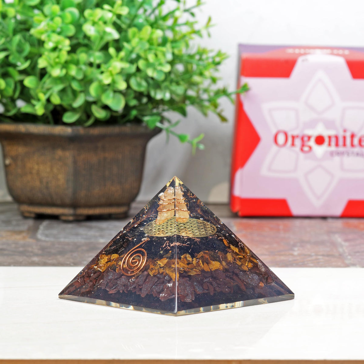 Orgonite Crystal Triple Protection Orgone Pyramid with Black Tourmaline, Tiger Eye and Hematite Crystal – Flower of Life Pyramid for Spiritual Healing, Meditation, Yoga, Reiki Gift, Office, Home Décor