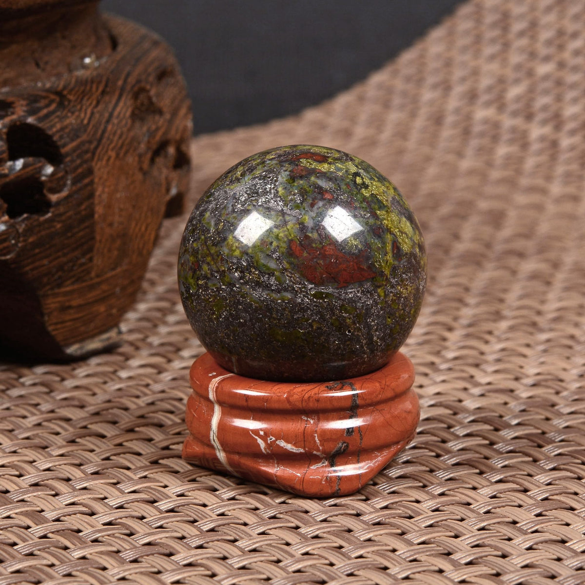 Justinstones Natural Polished Dragon Blood Jasper Sphere with Red Jasper Stand – Handcrafted Gemstone 30mm Ball for Energy Healing, Meditation, and Home Décor
