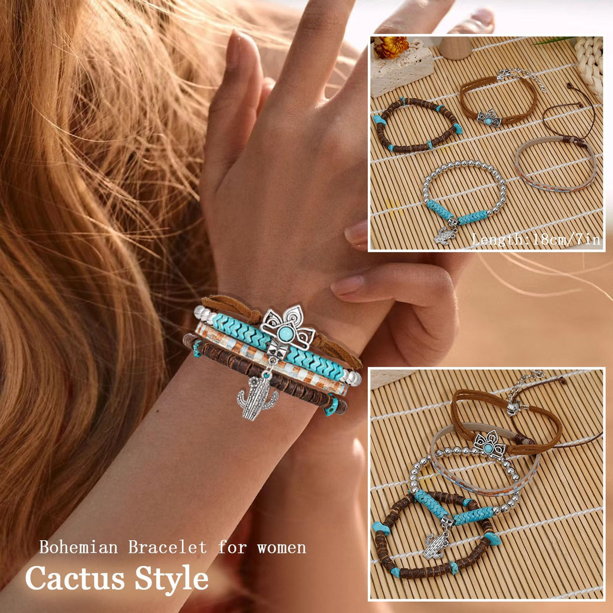 COLOYAN 28PCS Western Bracelets for Women Stackable, Stretch Charm Bohemian Bracelet Stacks, Vintage Turquoise Bead Bracelet Western Jewelry