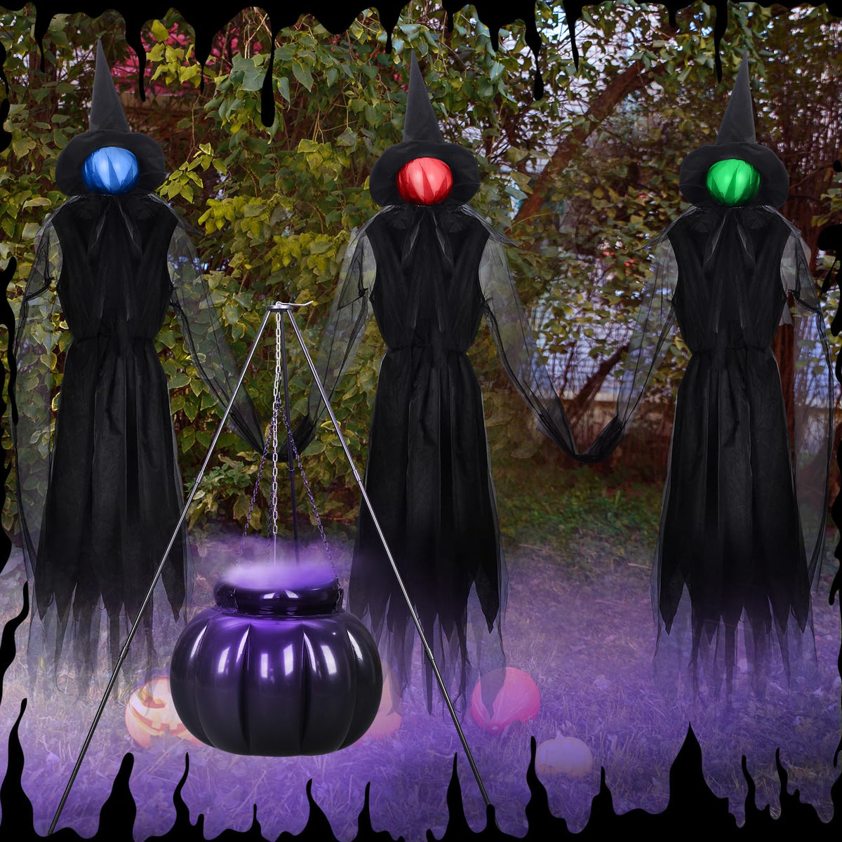 Knitgrip Set of 6 Halloween Outdoor Decorations 3 Light up Halloween Witch with Stake Witches Cauldron with Tripod Mist Maker with LED Light for Outdoor Garden Yard Lawn Porch Haunted Party Decor