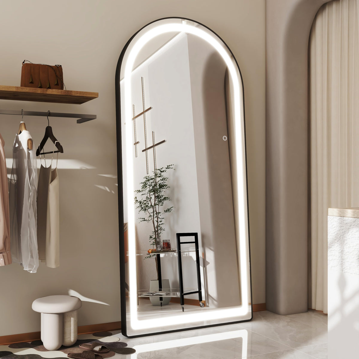 FENNIO Modern Arched Black 70" x 32" LED Full Body Wall Mounted Mirror with Lights for Bedroom, Salon, 3 Color Lighting, Tempered Glass, Brushed Aluminum Frame