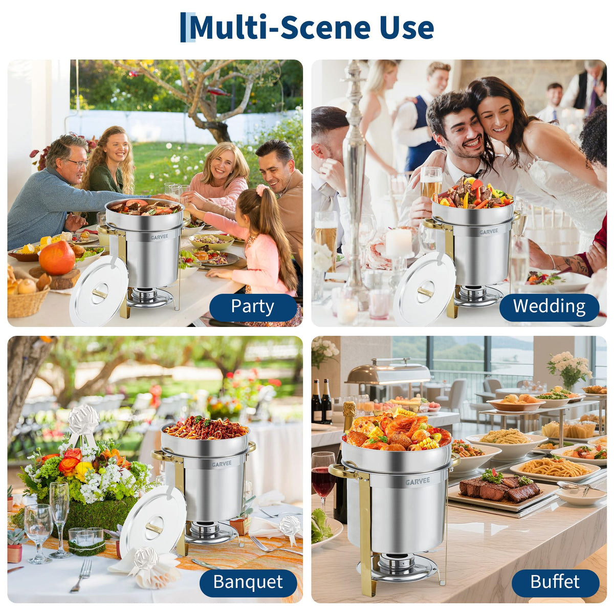 GarveeHome 11QT Round Soup Chafer Sets of 4, Commercial Soup Warmer with Pot, Notched Lids & Fuel Holders, Stainless Steel Food Warmer for Buffets Parties Wedding Banquets Catering, Gold