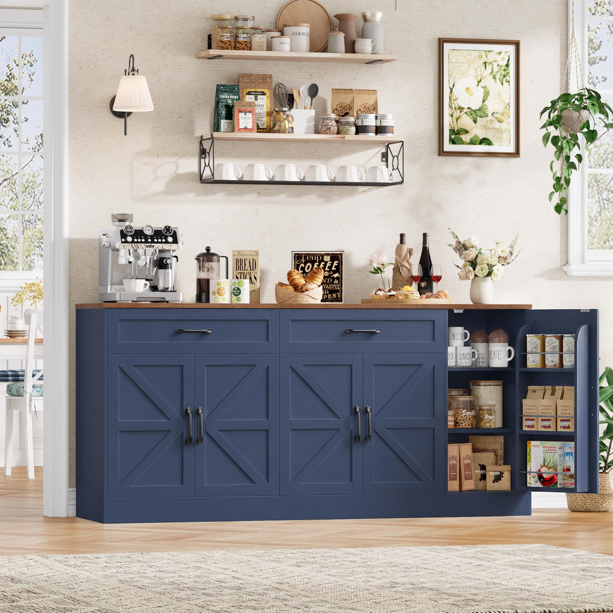 BOTLOG 71” Large Sideboard Buffet Cabinet with Storage, Farmhouse Buffet Cabinet with Adjustable Shelves and 3 Door Shelves, Wood Coffee Bar Console Table for Kitchen, Dining Room (Blue)