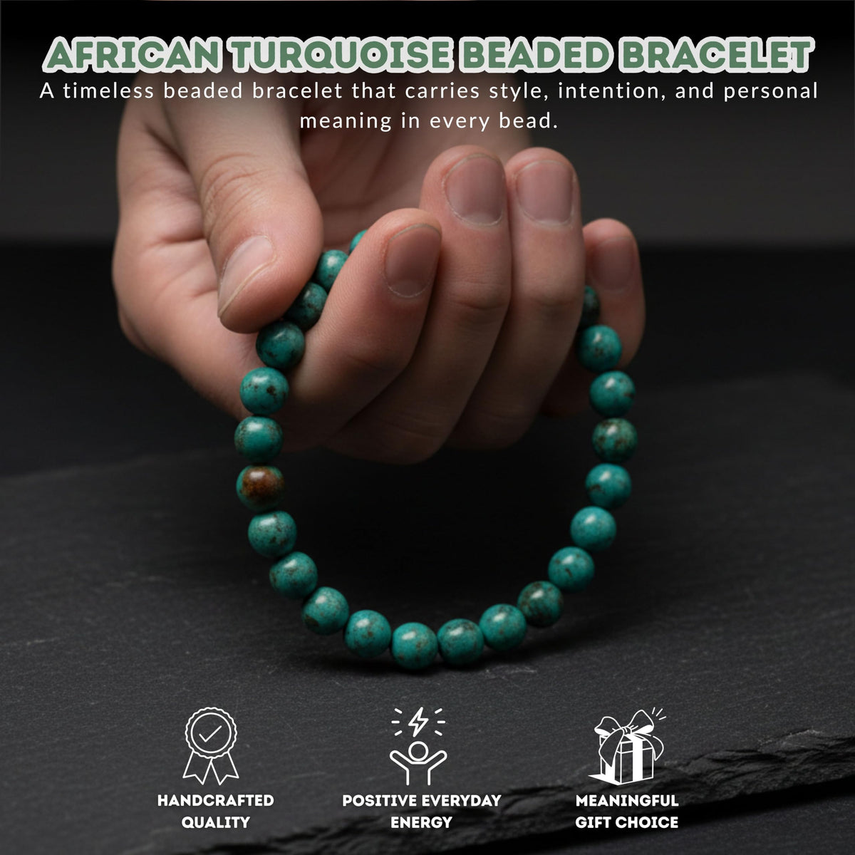 Cherry Tree Collection African Turquoise Beaded Bracelet – Genuine 8mm Gemstone Stretch Bracelet for Men & Women – Handmade Crystal Bracelet - (African Turquoise - S)