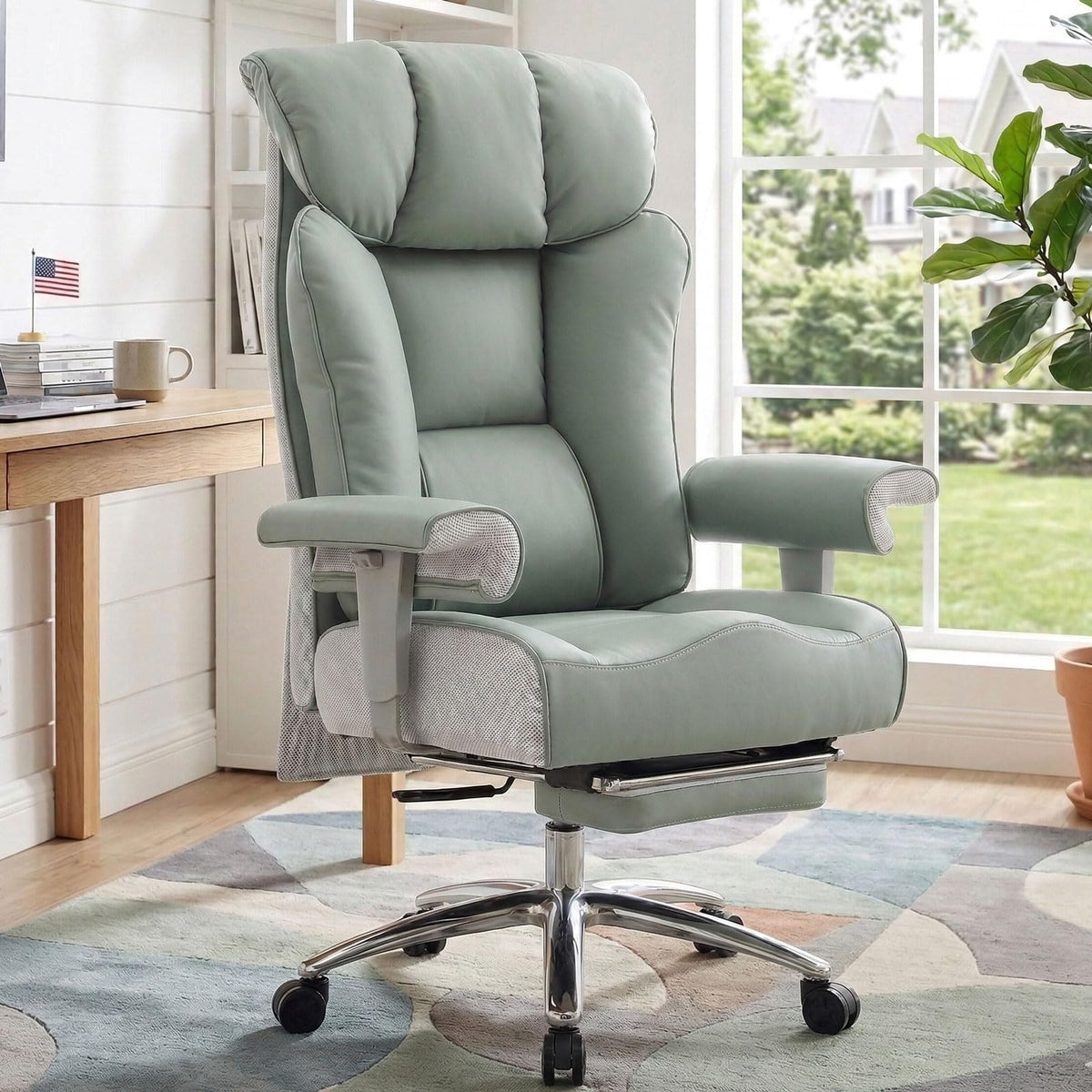 Efomao Big and Tall Office Chair 400lbs - Heavy Duty Executive Desk Chair with Foot Rest & 23" Wide Seat - High Back Ergonomic Leather Computer Chair for Heavy People, Home Office, Green