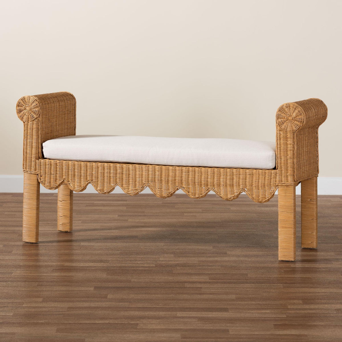 Bali & pari Reiko Handwoven Natural Rattan Bench with Scalloped Detailing – Boho Farmhouse Entryway, Bedroom, or Living Room Accent Seating