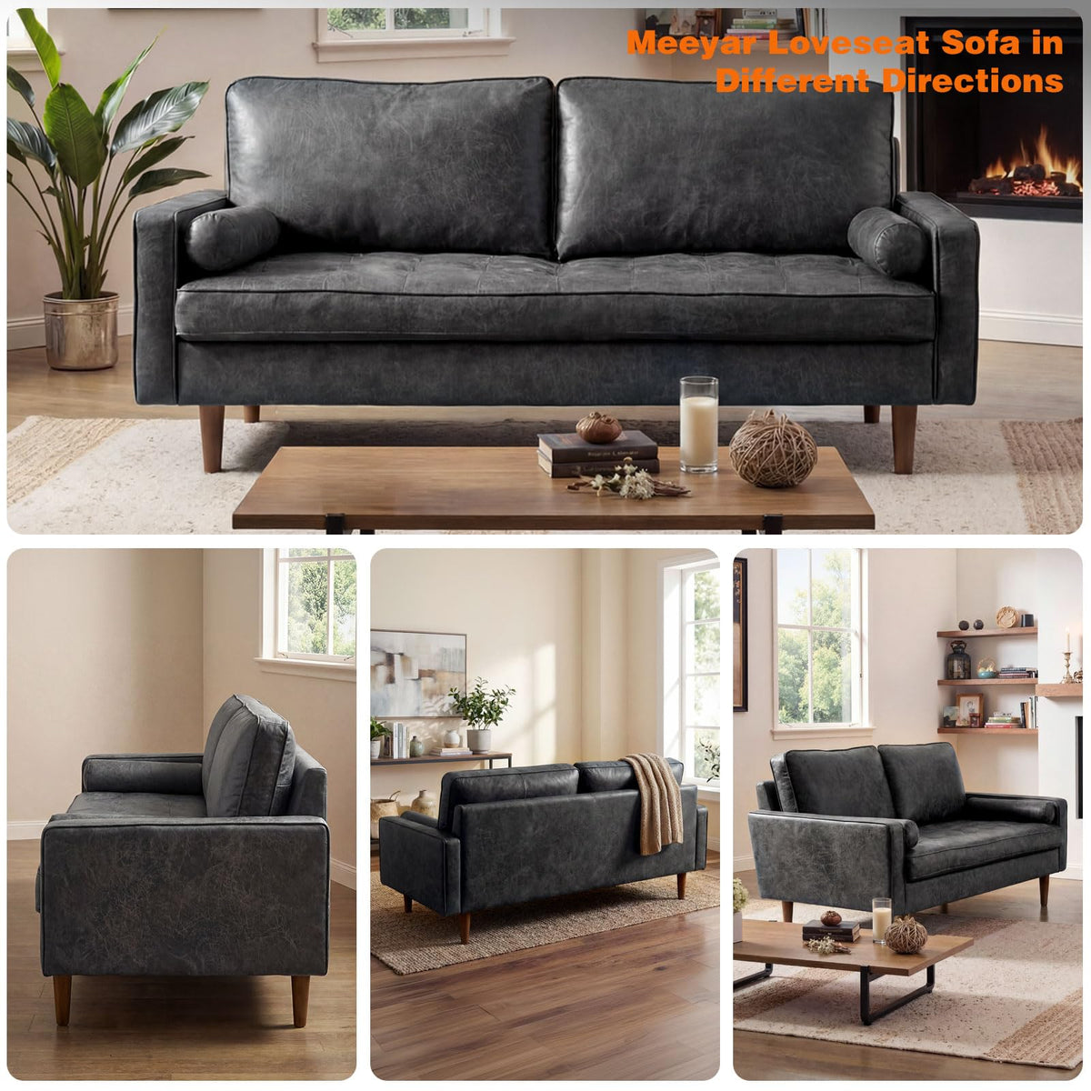 Meeyar 70" Mid-Century Modern Sofa Couch – Faux Leather Loveseat Sofa with Deep Seat & Solid Wood Frame – Includes 2 Accent Pillows – Black Living Room Bedroom Office (Black, 70 inches)