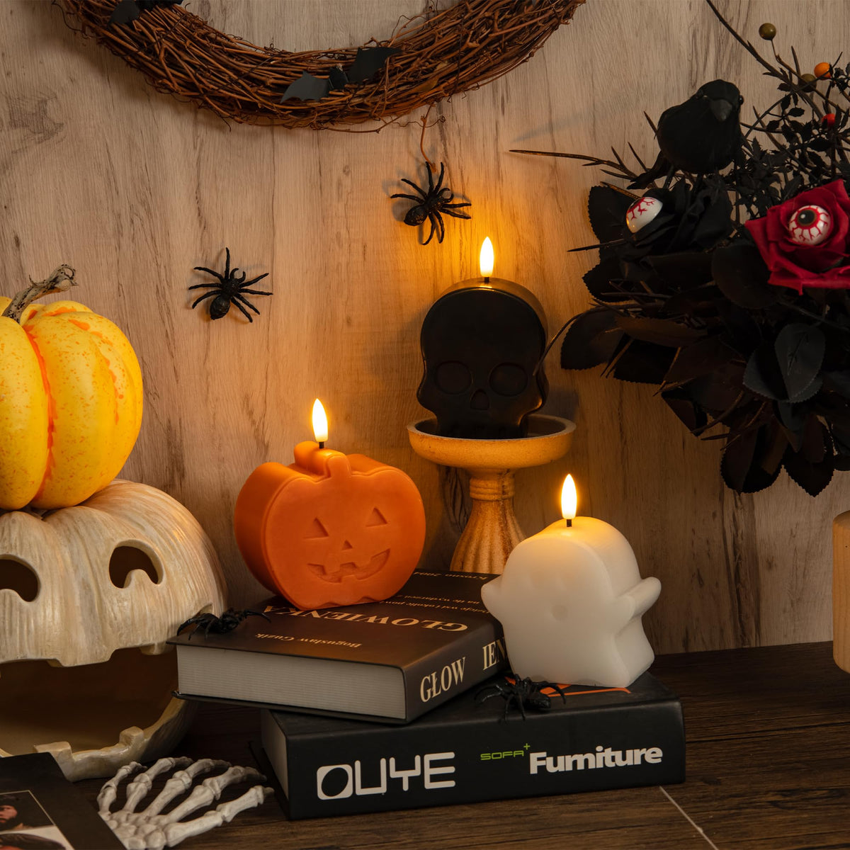 JOIONE Halloween Flameless Candles with Remote, 3D Flickering Flame Real Wax LED Battery Operated Candles, Cute Pumpkin & Ghost & Skull Halloween Candle for Party and Home Decorations, Set of 3