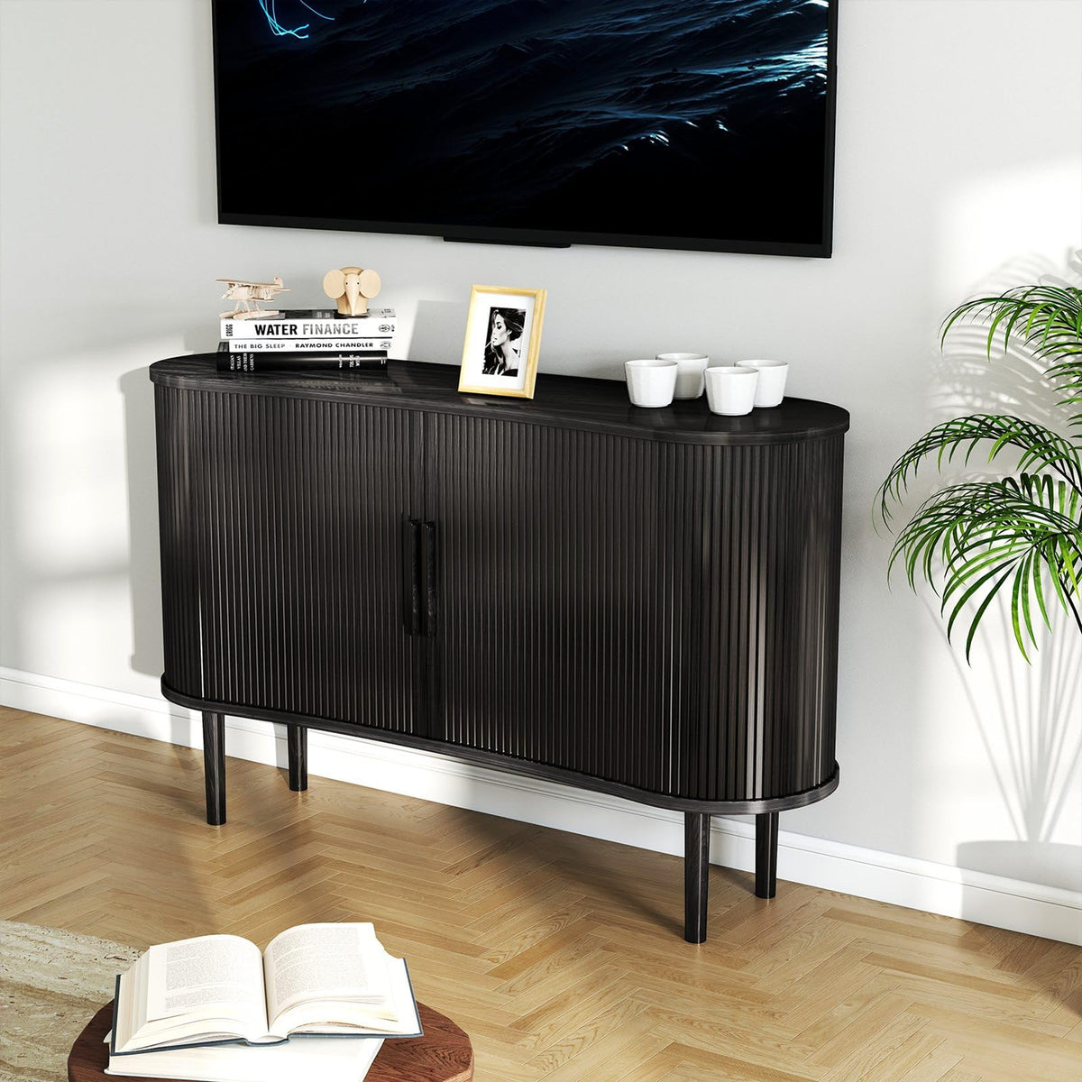 AraSyleon Mid-Century Modern Buffet Cabinet with Fluted Tambour Sliding Doors, 55'' Sideboard with 4 cabinets, Ample Storage for Dining Room & Living Room, Walnut Finish, Black