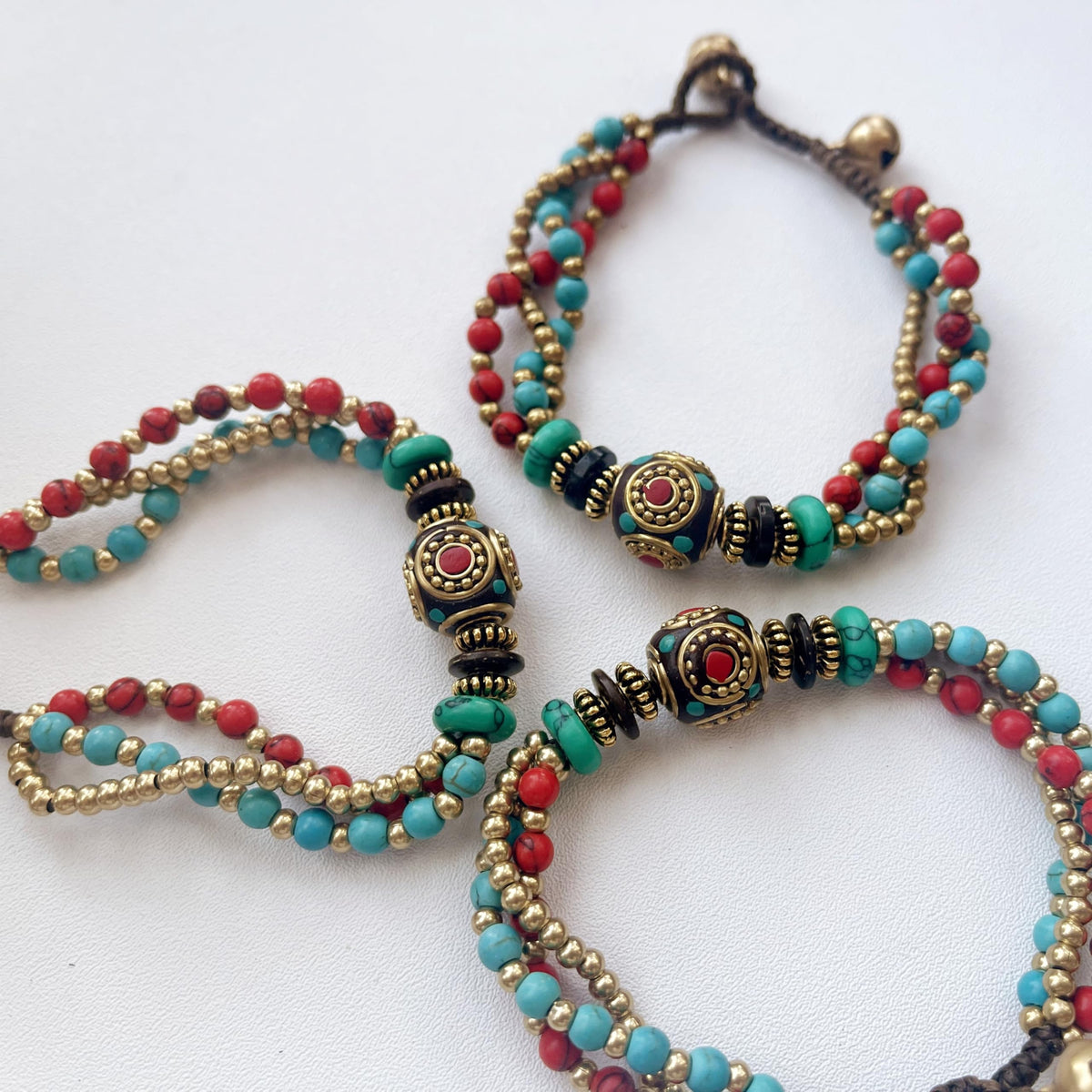 Petite Adjustable Boho Bracelet for Small Wrists - Handmade Nepalese Buddhist Prayer Bracelet with Elephant Charm, Brass Bell, Turquoise Stone & Tibetan Mantra Beads, Spiritual Gift (Black, 3Pcs)