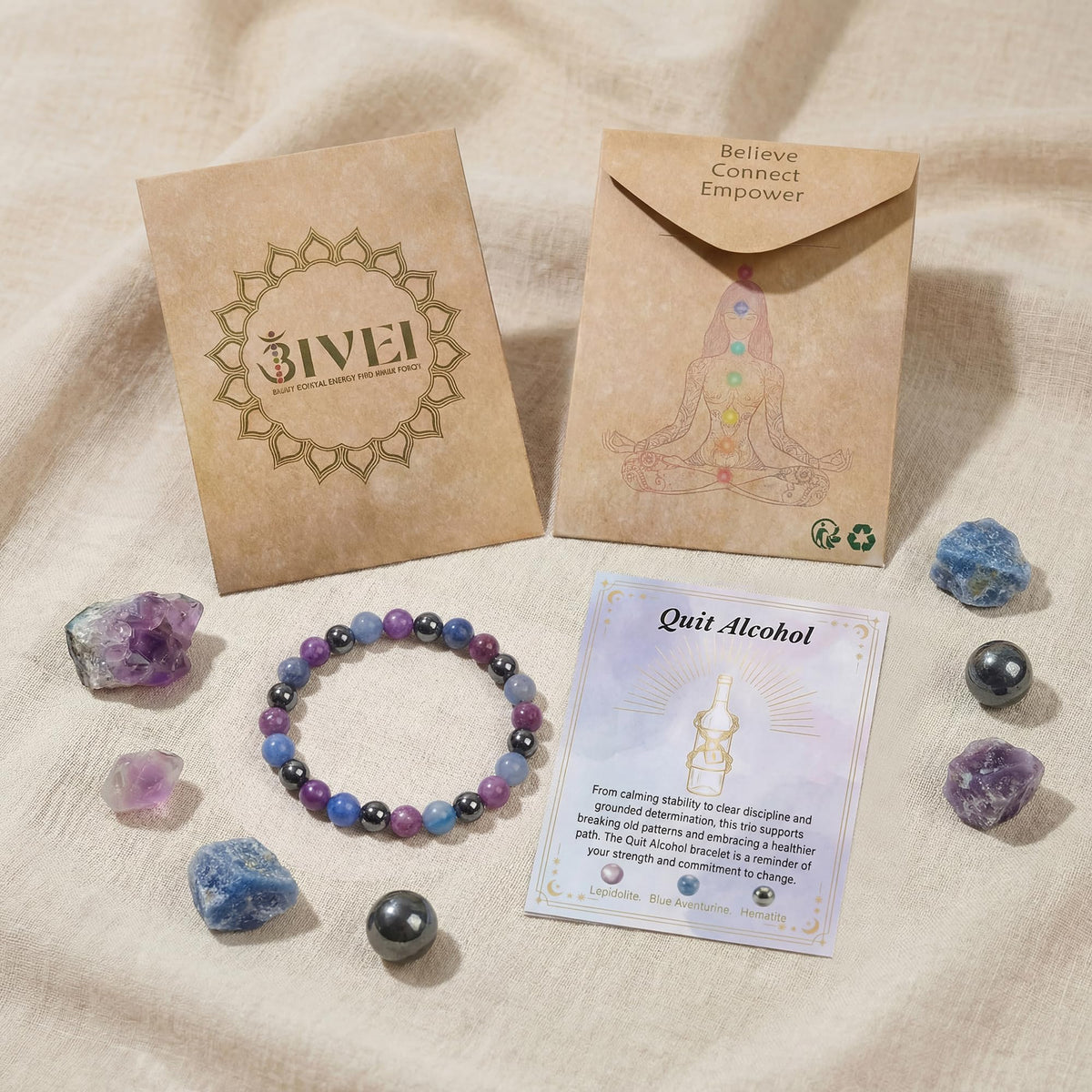 Bivei Quit Alcohol Bracelet, Strength Crystal Healing Bracelet 8MM with Lepidolite & Blue Aventurine & Hematite - Spiritual Stretch Beaded Jewelry for Women Men Gift