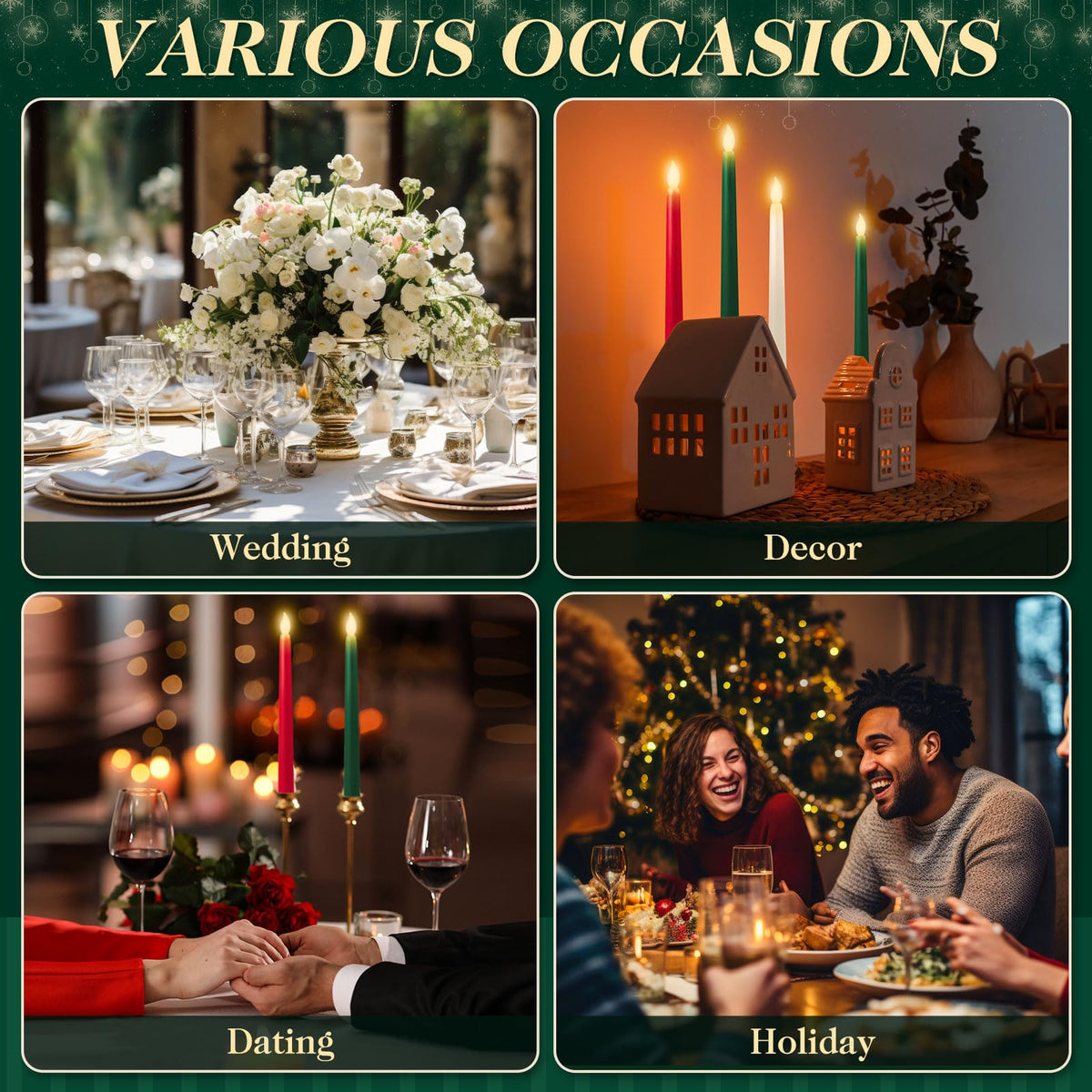 Baquler 6 Pcs 11'' Christmas Flameless Taper Candles Green Red White Battery Operated Candles LED Plastic Flickering Candlesticks for Christmas Wedding Church Dinner Home Decor