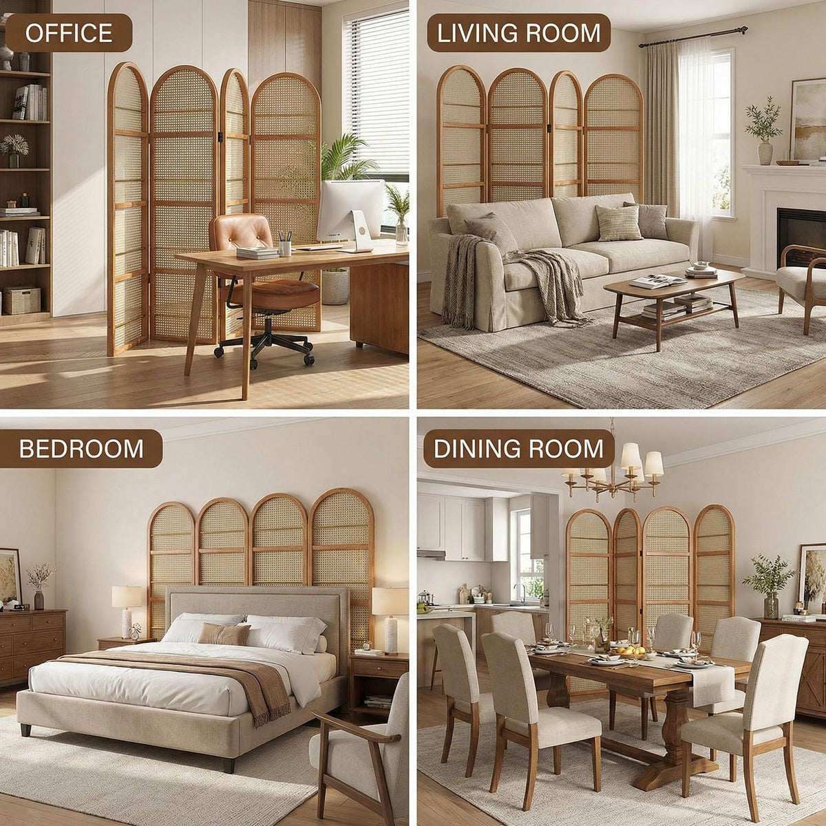 Rattan Room Divider Portable Partition with Built-in Bookshelf, 67" Foldable Privacy Screen for Room Separation, Home Office, Bedroom, 2 Panel Design