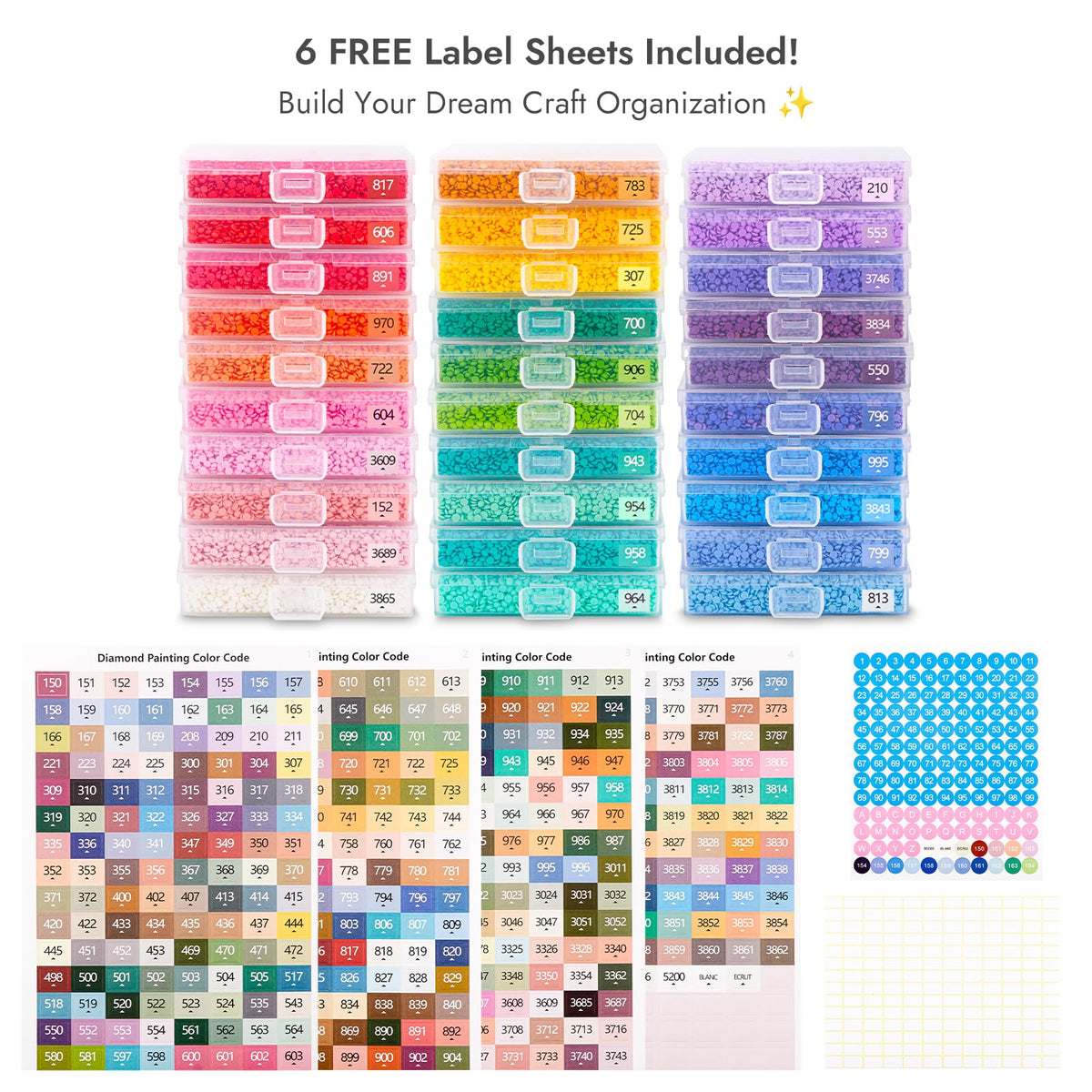 MOLEDINO 30 Pcs Diamond Painting Storage Trays with Lids, 2-in-1 Diamond Art Containers Trays Kit for Drills with 1 Large White Plastic Organizer Box, Stackable Bead Storage and Line-Up Accessories