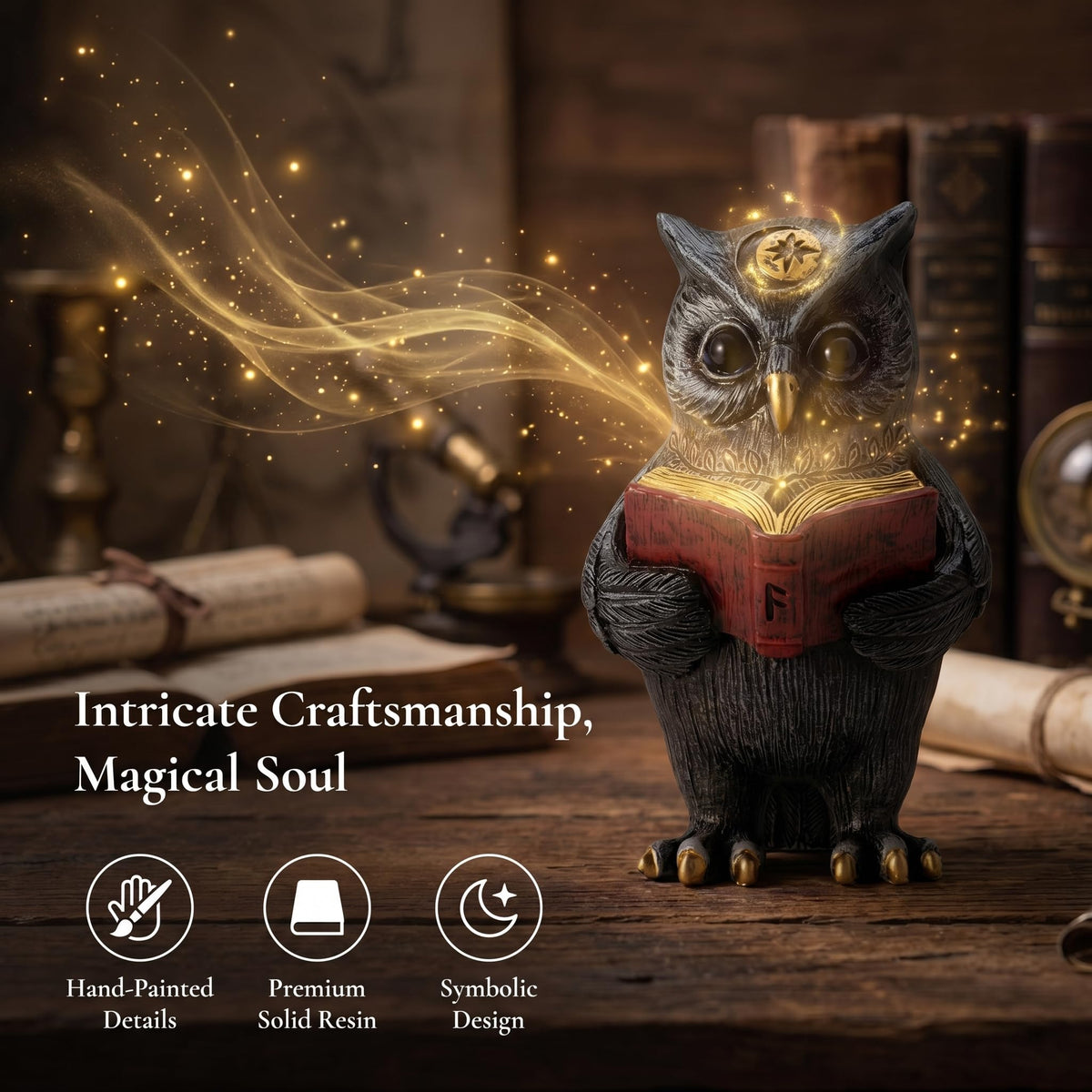 SOREFAFA Black Magic Cute Owl Reading Book Statue (3" L x 5.2" H) - Mystical Resin Figurine for Witchy Gothic Room & Dark Academia Bookshelf Decor - Gifts for Book Lovers, Wiccans, Halloween