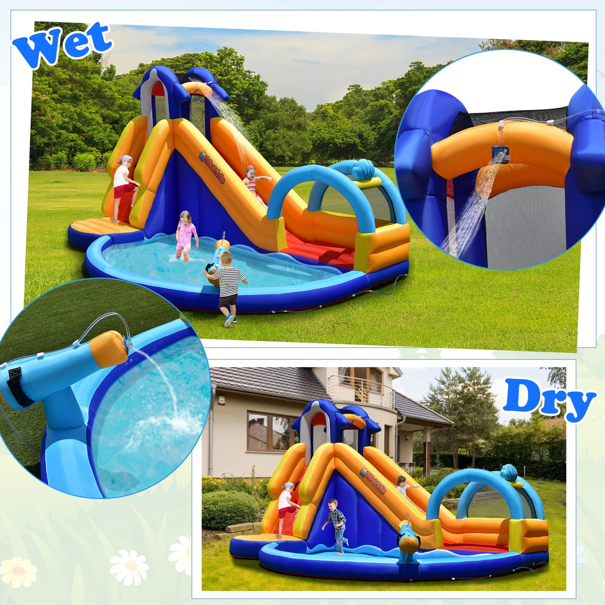 OLAKIDS Inflatable Water Slides, Shark Theme 14FT x 10FT x 8.5FT Bouncy House with Slide, Splash Pool, Climbing Wall, Water Gun, Outdoor Jumping Castle with Hose, Carry Bag, Stakes