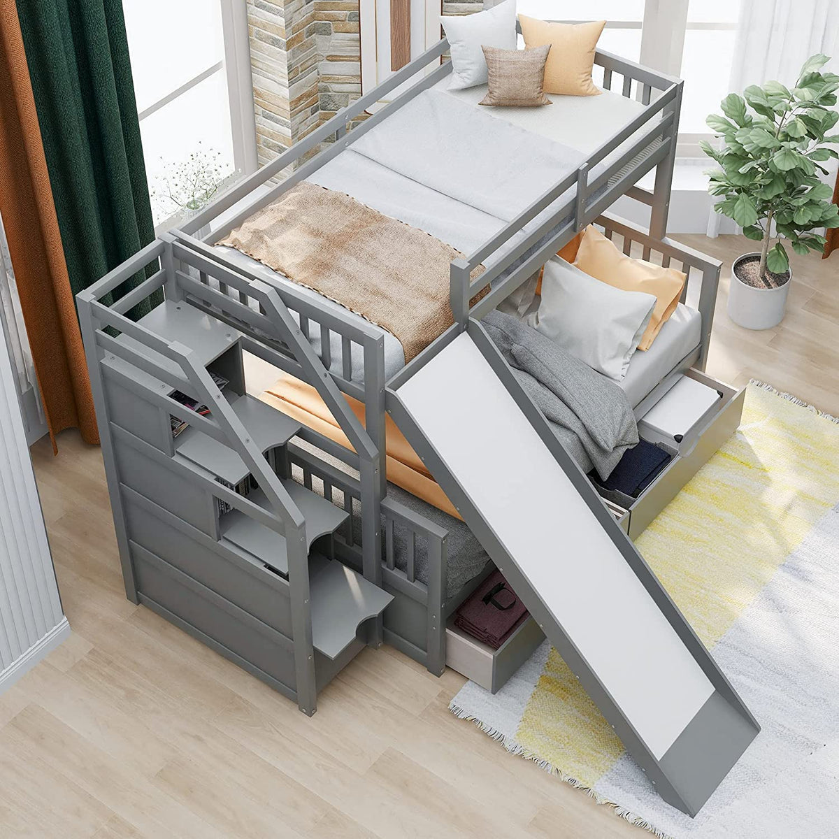 DNYN Full Size Loft Bed with Desk & Shelves & Ladder for Kids/Adults,Solid Wood Bedframe,High Loftbed with Safety Guardrails,Space Saving Design & No Box Spring Needed,79.3"×58.5"×65.4", Gray