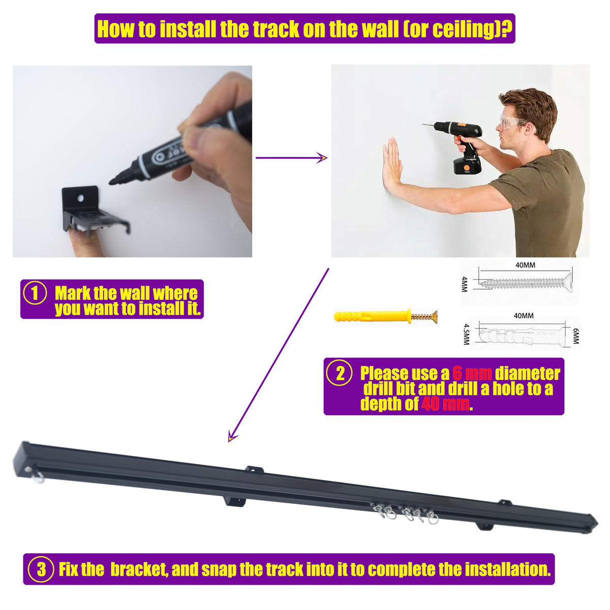 Ceiling Curtain Tracks Wall Mounting Curtain Rails Room Divider Sliding Curtain Rail With Silent Bearing Pulley (Black-2M(1M*2))