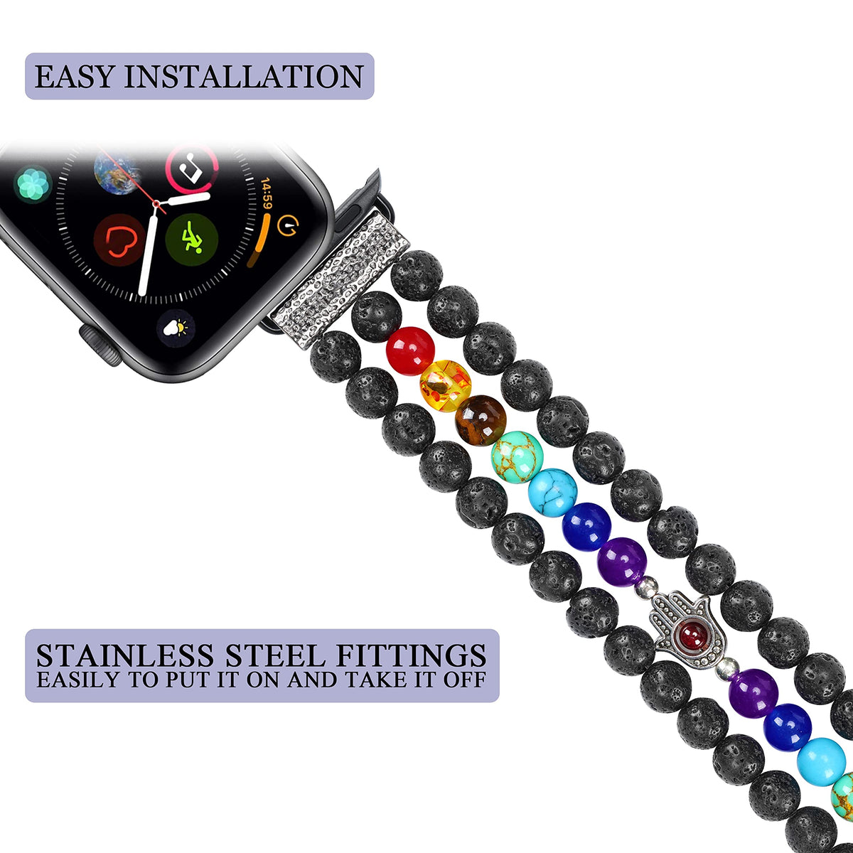 Chakra Healing Bracelet Lava Rock Protection Hamsa Hand Beaded Band Compatible with Apple Watch 10 9 8 7 SE 6 5 4 3 iwatch 38mm 40mm 42mm 44mm with Stainless Steel Adapter