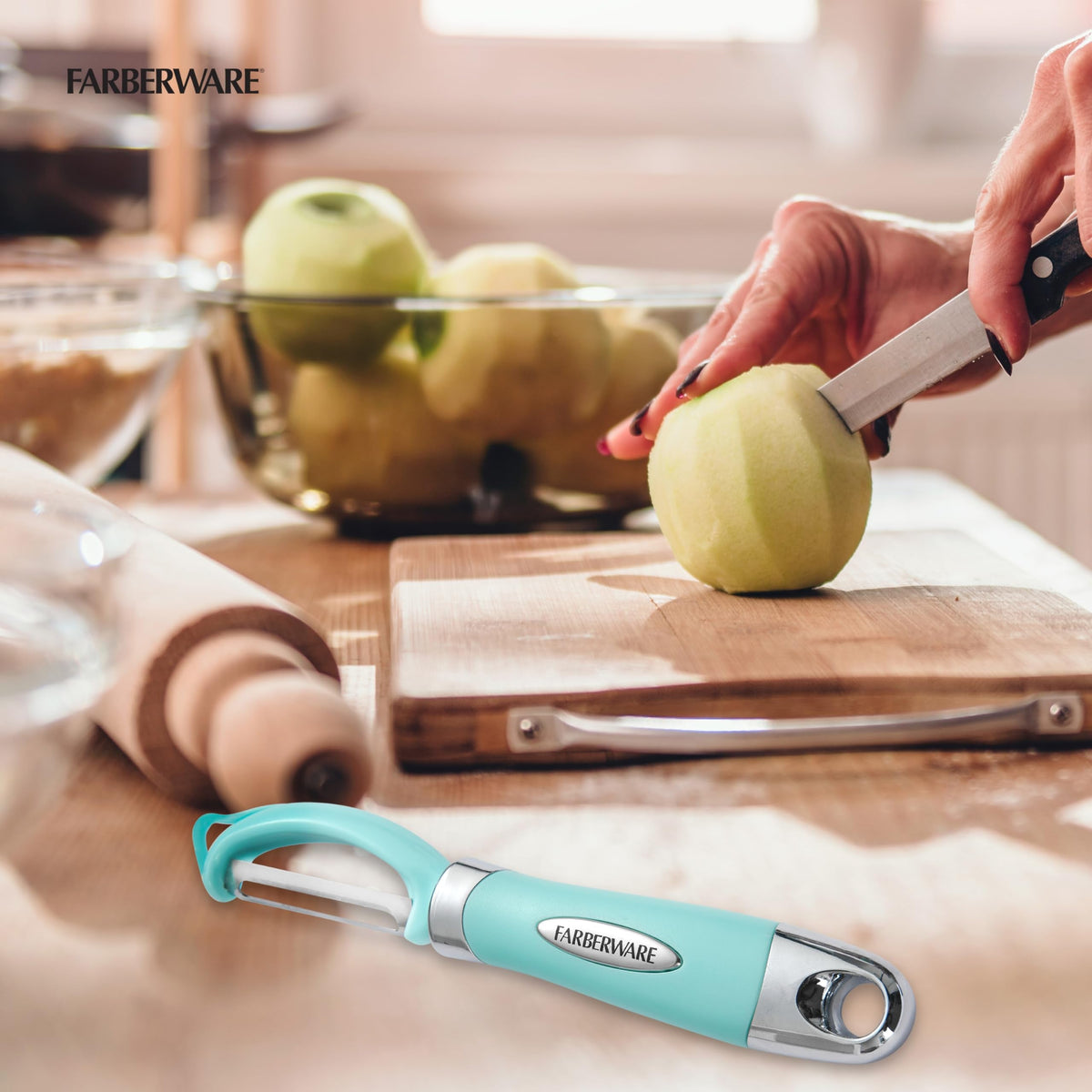Farberware Pro2 Euro Vegetable Peeler with Ergonomic Handle, Razor-Sharp Stainless Steel Swivel Blade, Dishwasher Safe - Aqua Sky, Peelers for Kitchen Use on Potatoes, Fruits, and More