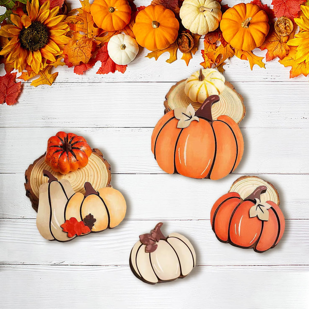 5PCS Wooden Pumpkin Fall Decor- Double Side Fall Pumpkin Decorations for Home Thanksgiving Table Centerpieces for Home, Office, Mantel and Shelf Autumn Decorations (D5)