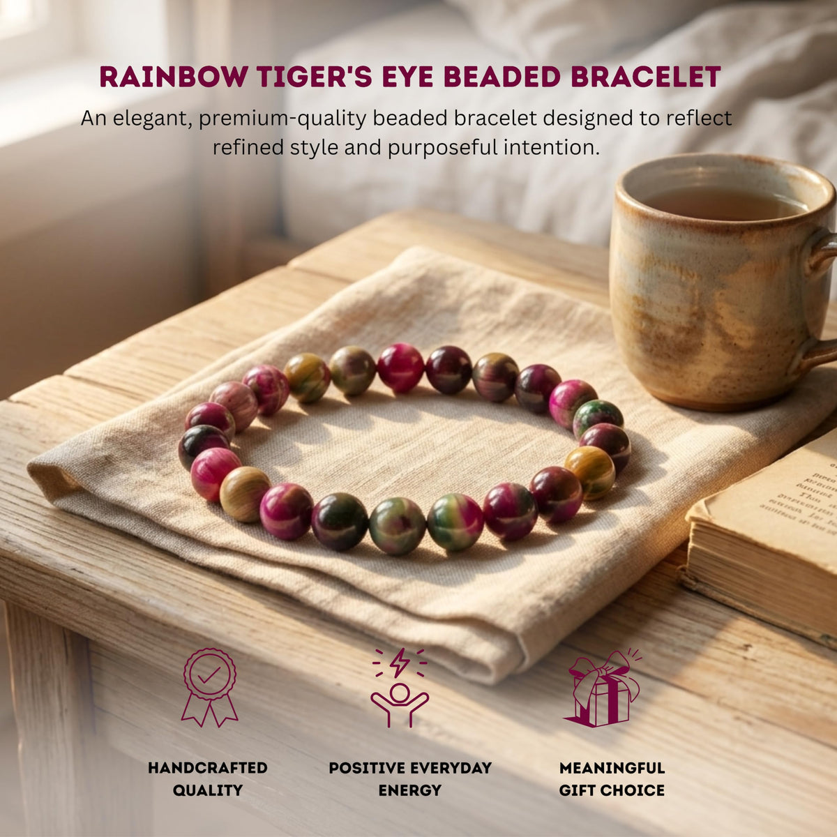 Cherry Tree Collection Rainbow Tiger's Eye Beaded Bracelet – Genuine 8mm Gemstone Stretch Bracelet for Men & Women – Handmade Crystal Bracelet - (Rainbow Tiger's Eye - M)