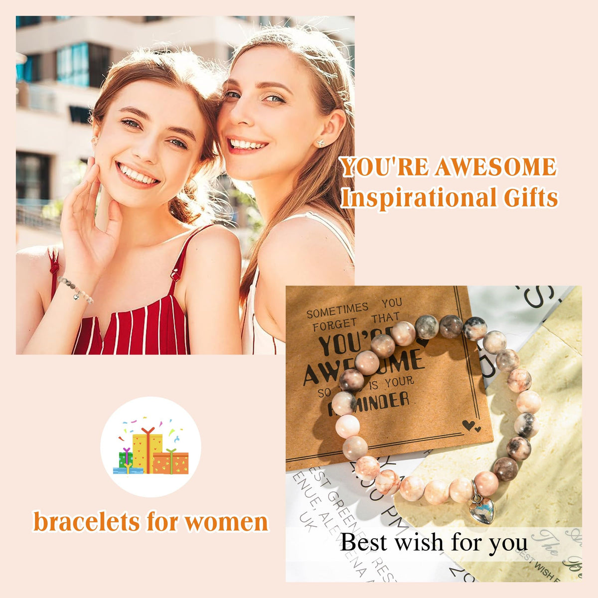 VICKHU Inspirational Gifts for Women Natural Stone Heart Butterfly Bracelet for women Unique Gifts for Birthday Mothers day Thanksgiving Christmas Valentine's Day Teacher Appreciation (Pink Zebra)