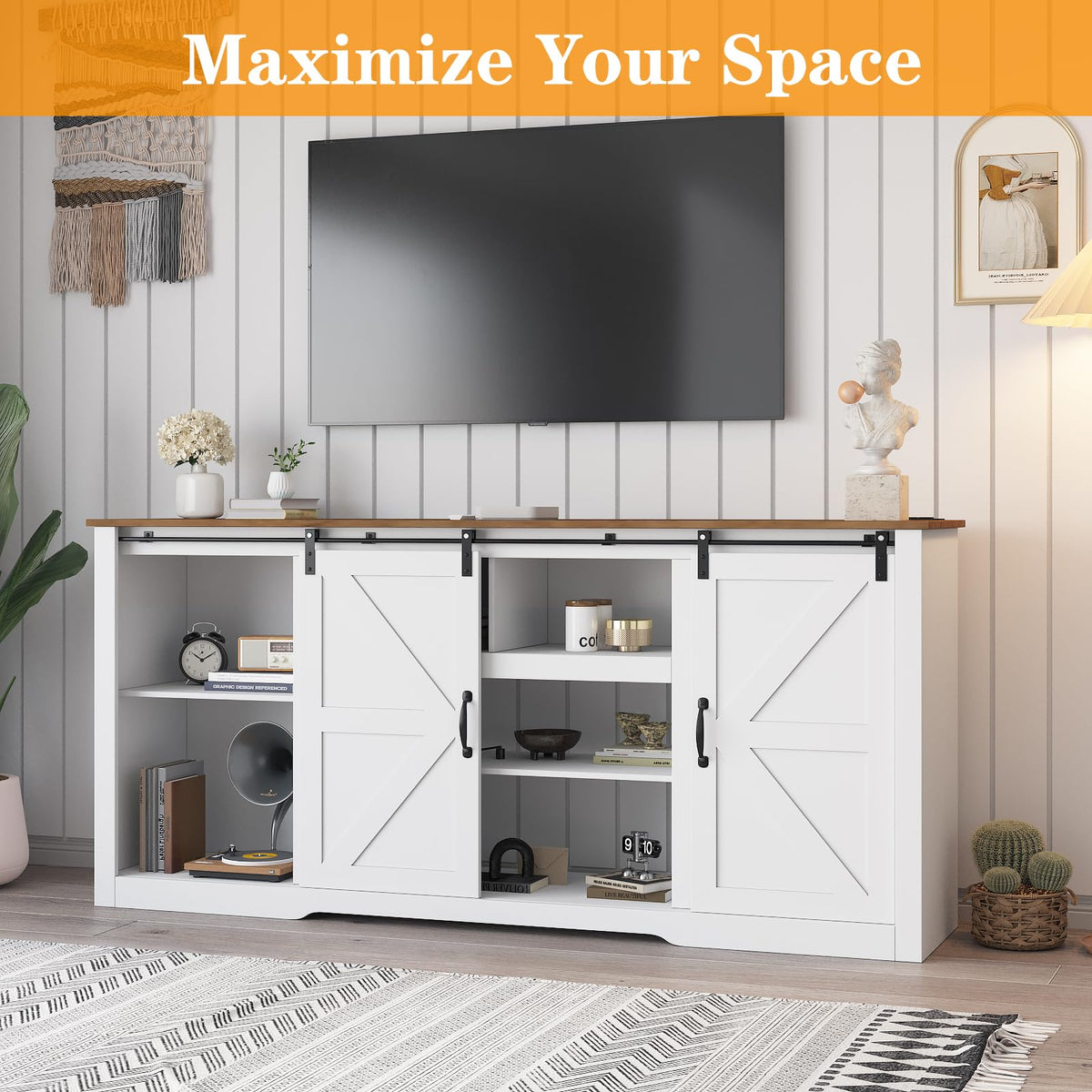 Garvee 70" Farmhouse TV Stands for 80" Television, Entertainment Center with Sliding Barn Door, Media TV Console Table with Storage & Adjustable Shelves for Living Room, White+Brown