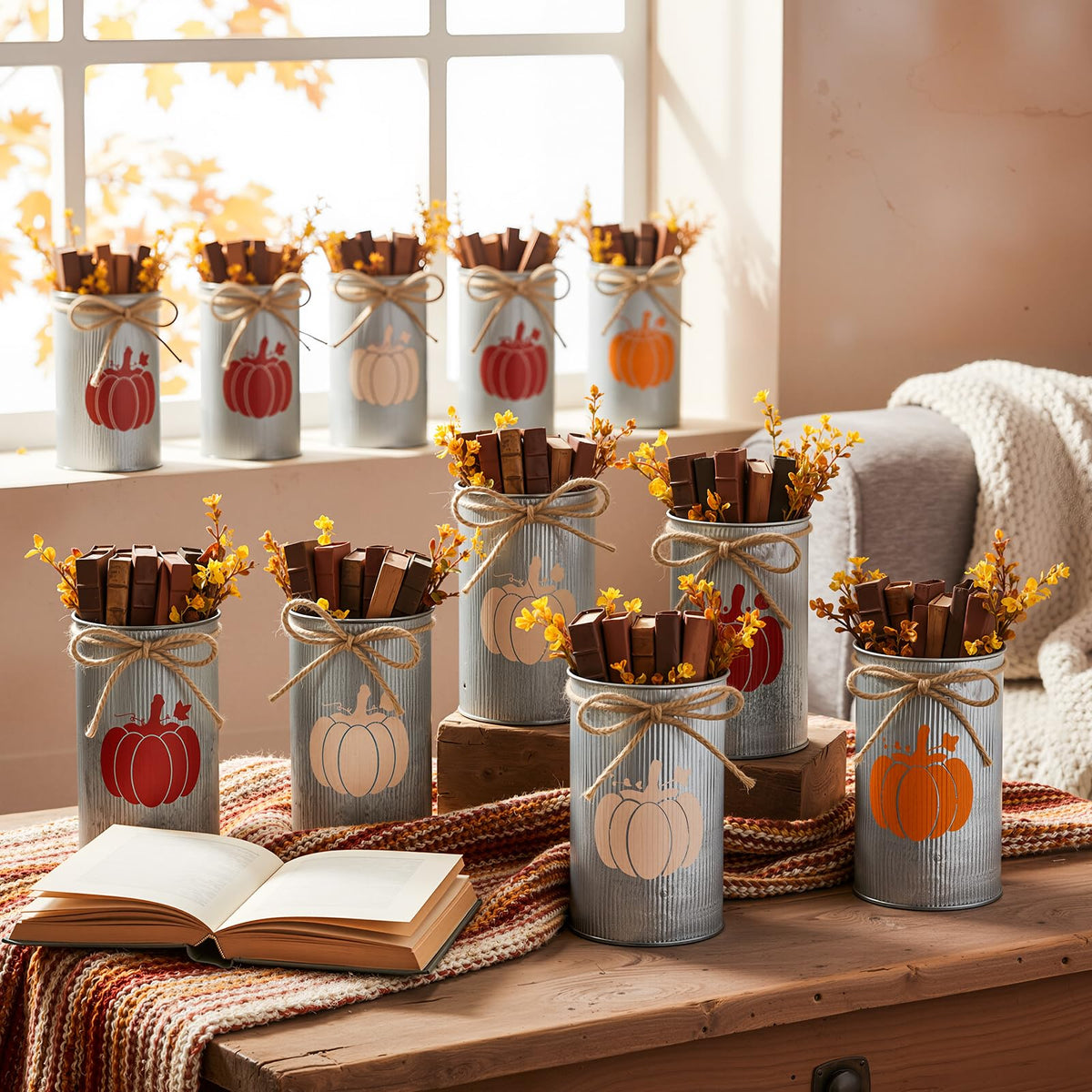 Domensi 12 Pcs Fall Table Centerpiece Pumpkin Vases Thanksgiving Decor Galvanized Metal Vases for Flowers Farmhouse Mason Jars Utensil Holder for Fall Home Thanksgiving Autumn Harvest Decorations