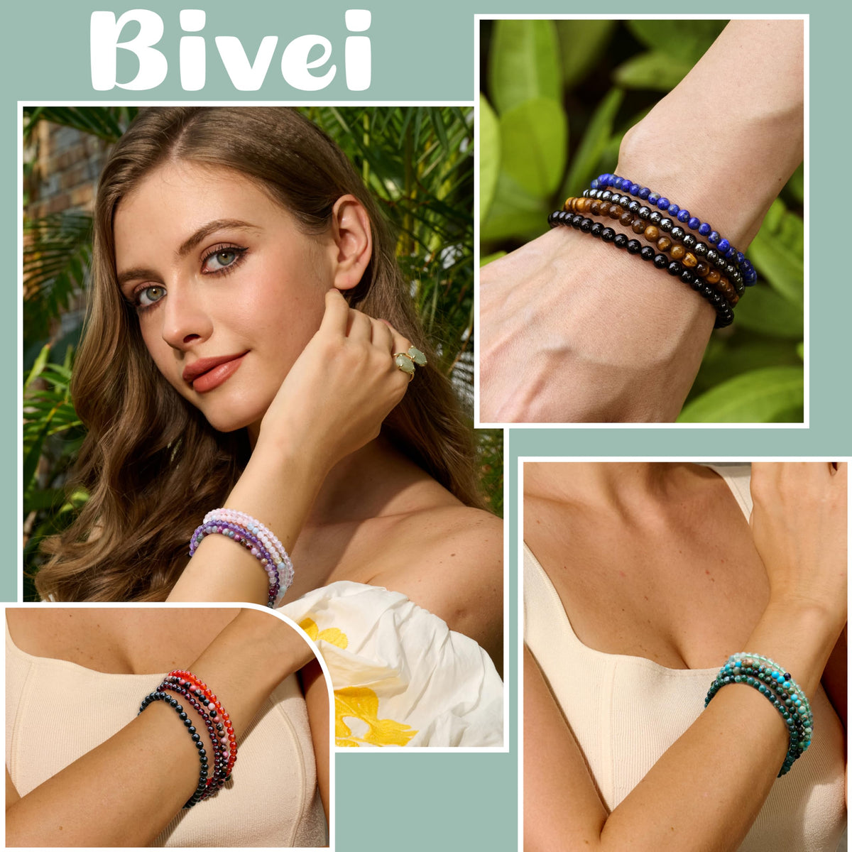 Bivei Moss Agate - Grounding - 4mm Beaded Bracelets for Women Handmade Semi Precious Natural Stone Stretch Elastic Jewelry Yoga Protection Gifts