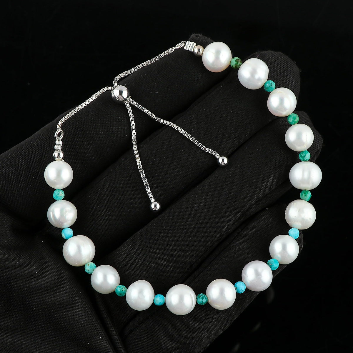 CRYSTALIS Natural Turquoise And Freshwater Pearl Beaded Bracelet, Elegant Beads Crystal, Chakra Bracelet, Healing Bracelet, Gemstone Jewelry, Friendship Bracelet, 925 Sterling Silver Slider 10 inch