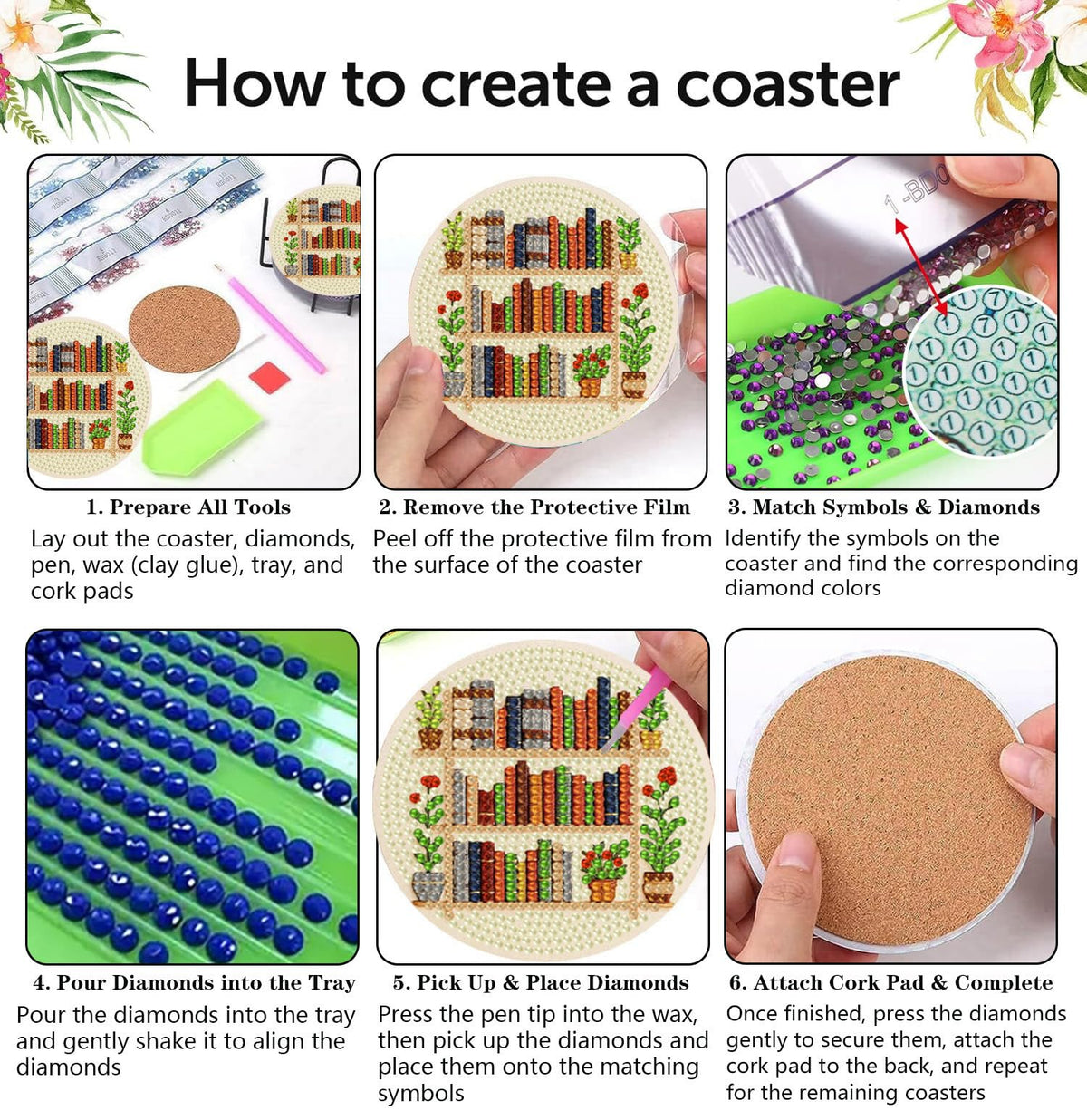 croshom Books Diamond Art Coasters Kits, 8 Pieces Books Diamond Painting Coasters with Holder, Books Coaster Diamonds Art Painting Kits for Adults, 5D DIY Wooden Coaster for Gift