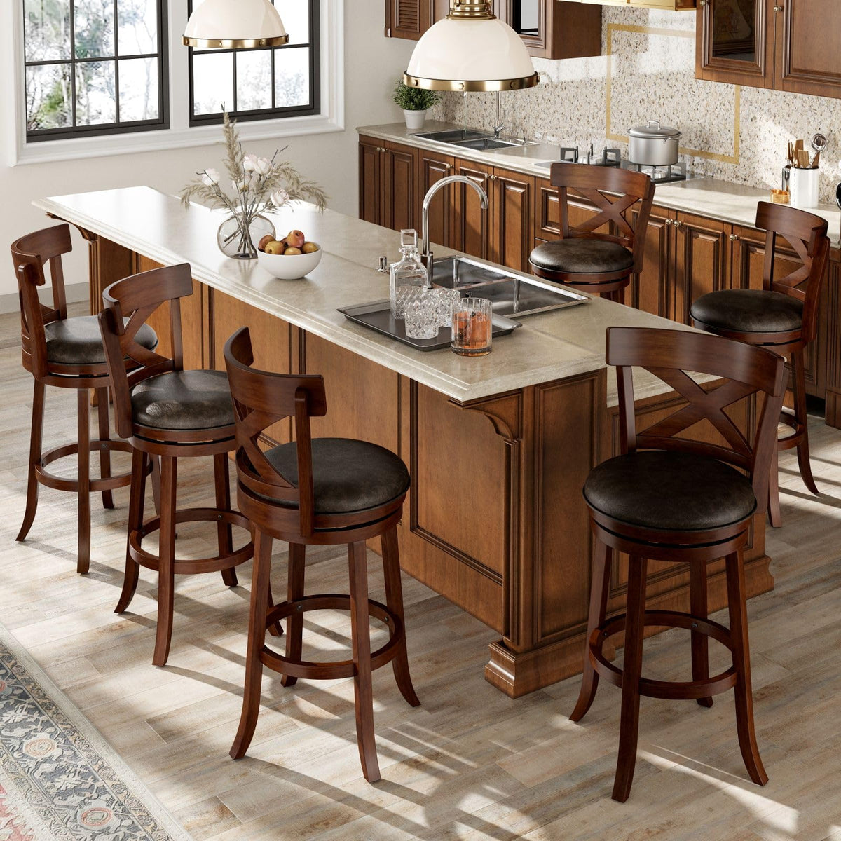 Sophia & William Swivel Bar Stools Set of 4, 30 Inch Bar Height Barstools with Cross Back & Solid Wood Legs,Faux Leather Kitchen Stools, Brown