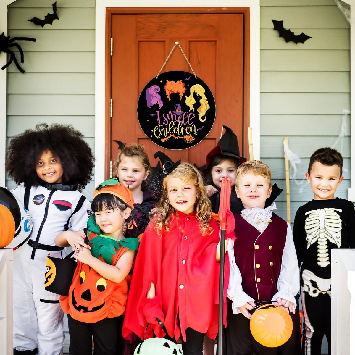 Witches Halloween Decorations For Home - I Smell Children, Welcome Sign for Front Door, Home Outside Inside Decor Wood Sign, Haunted House Halloween Party Wall Door Wreath/04
