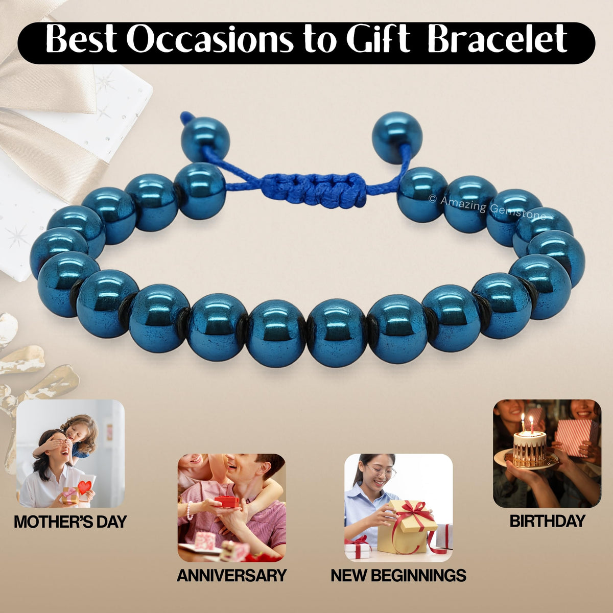 Amazing Gemstone Blue Hematite Bracelet for Women Men's Gifts - Protection Healing Crystal Bracelet - 8mm Gemstone Beaded Adjustable Bracelet Pulseras Para Hombres Mujer Stocking Stuffers