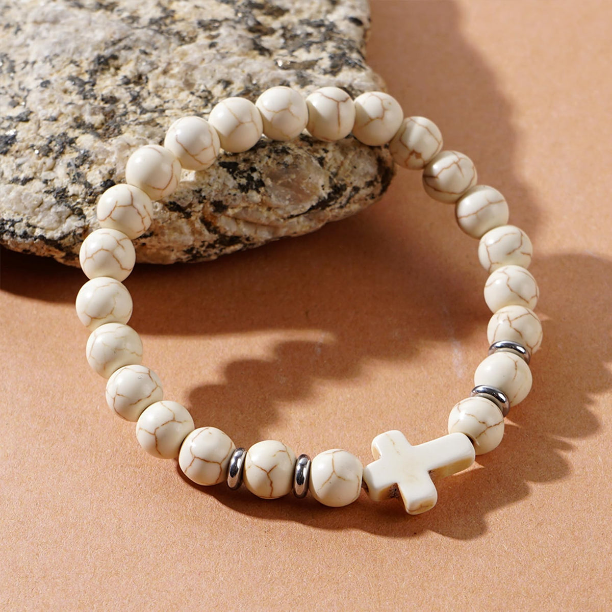 Frigotine White Cross Gemstone Beaded Stretch Protection Bracelet for Man Woman, Handmade Healing Stone Chakra Beads Elastic Bracelets Religious Accessories Fashion Jewelry Fathers Gift