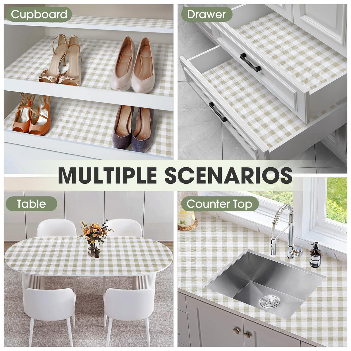 ALIUNI Drawer and Shelf Liner, Non-Slip Kitchen Cabinet Liners Non-Adhesive Thick Strong Grip Waterproof Washable Mats Protect Dresser Shelves Cupboard Bathroom Cabinets, Yellow Plaid, 12 in X 10 FT