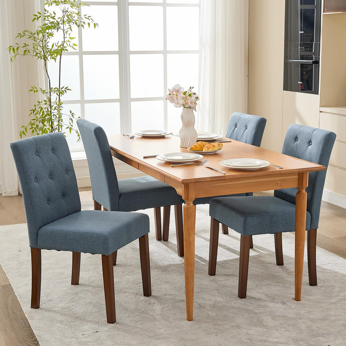 IDEALHOUSE Dining Chairs Set of 6, Linen Fabric Upholstered Parsons Chairs with Rubberwood Legs, Comfortable Padded Seat Kitchen, Dining Room Side Chairs, Living Room Blue