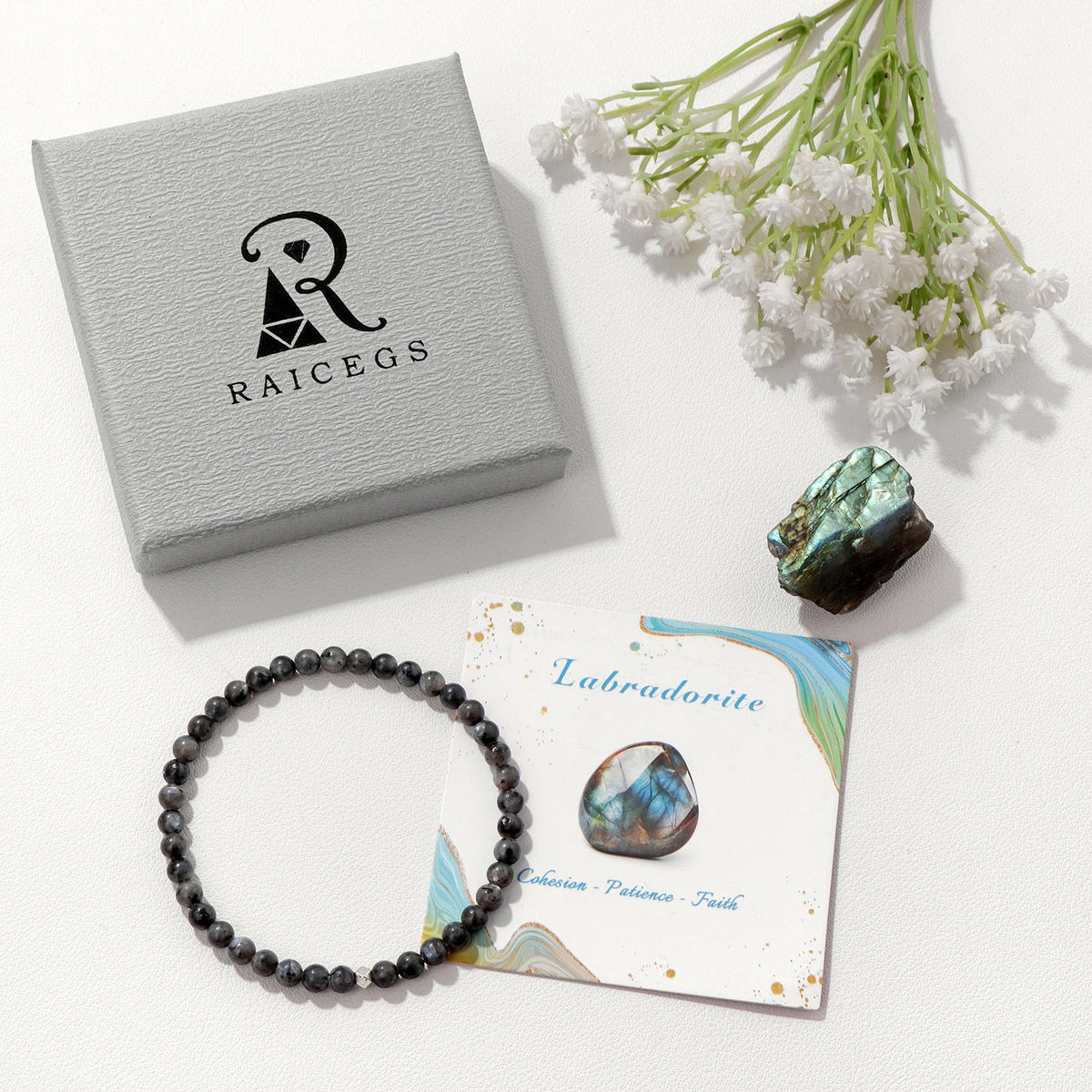 Raicegs 4MM Labradorite Beaded Bracelets Healing Crystal Bracelet for Women Men Natural Stone Handmade Stretch Bracelet Reiki Spiritual Jewelry