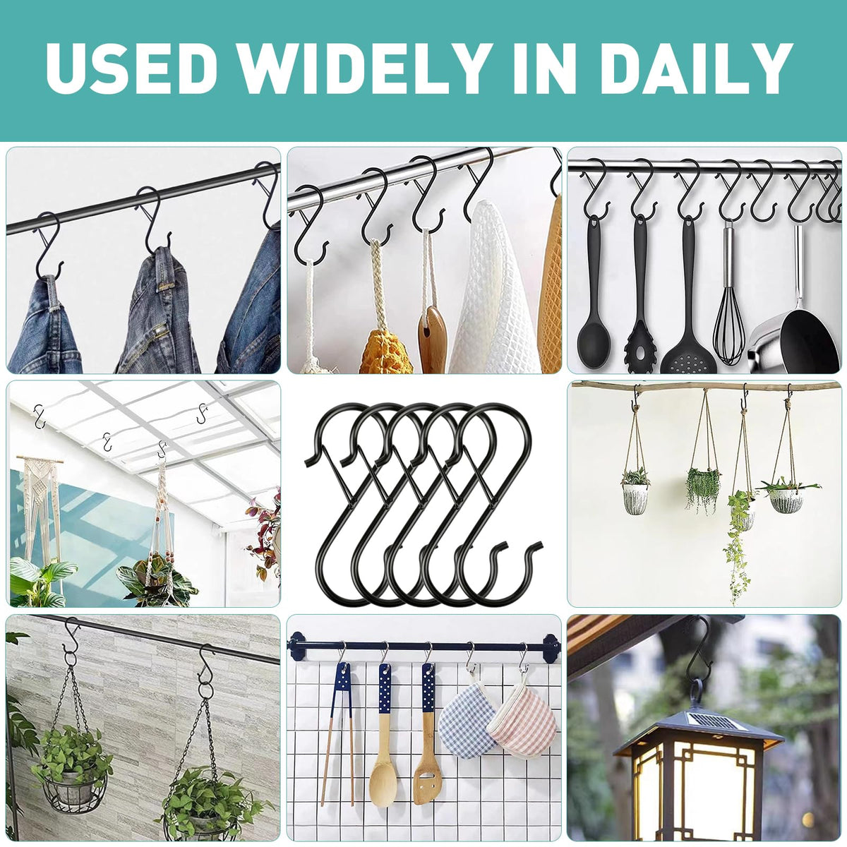 12 Pcs S Hooks for Hanging Heavy Duty, 3.5-inch Heavy Duty Metal S Hook with Safety Buckle, Suitable for 0.5 inch Rods, S Hook for Hanging Plants, Closet, Kitchen Utensil, Pot, Pan, Bags