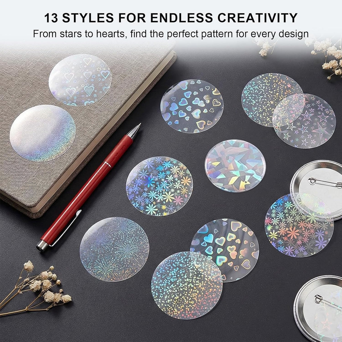 200 PCS Badge Film for Your 58mm / 2.25 in (Approx. 2-1/4 inch) Round Button Maker Machine,8 Different Holographic Button Making Supplies Film (200pcs Sand Star for 2.25inch Badge)