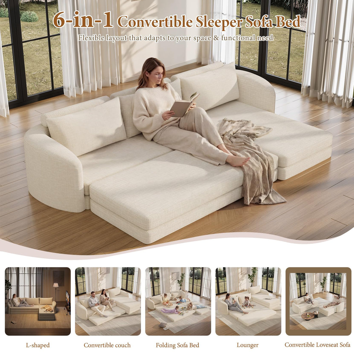 Vesgantti 110.2" Boneless Sectional Couch with Curved Armrest, 6 in 1 Convertible Folding Sleeper Sofa Bed, Chenille Modular Sofa for Living Room, No Assembly Required, Beige, Right Facing Chaise