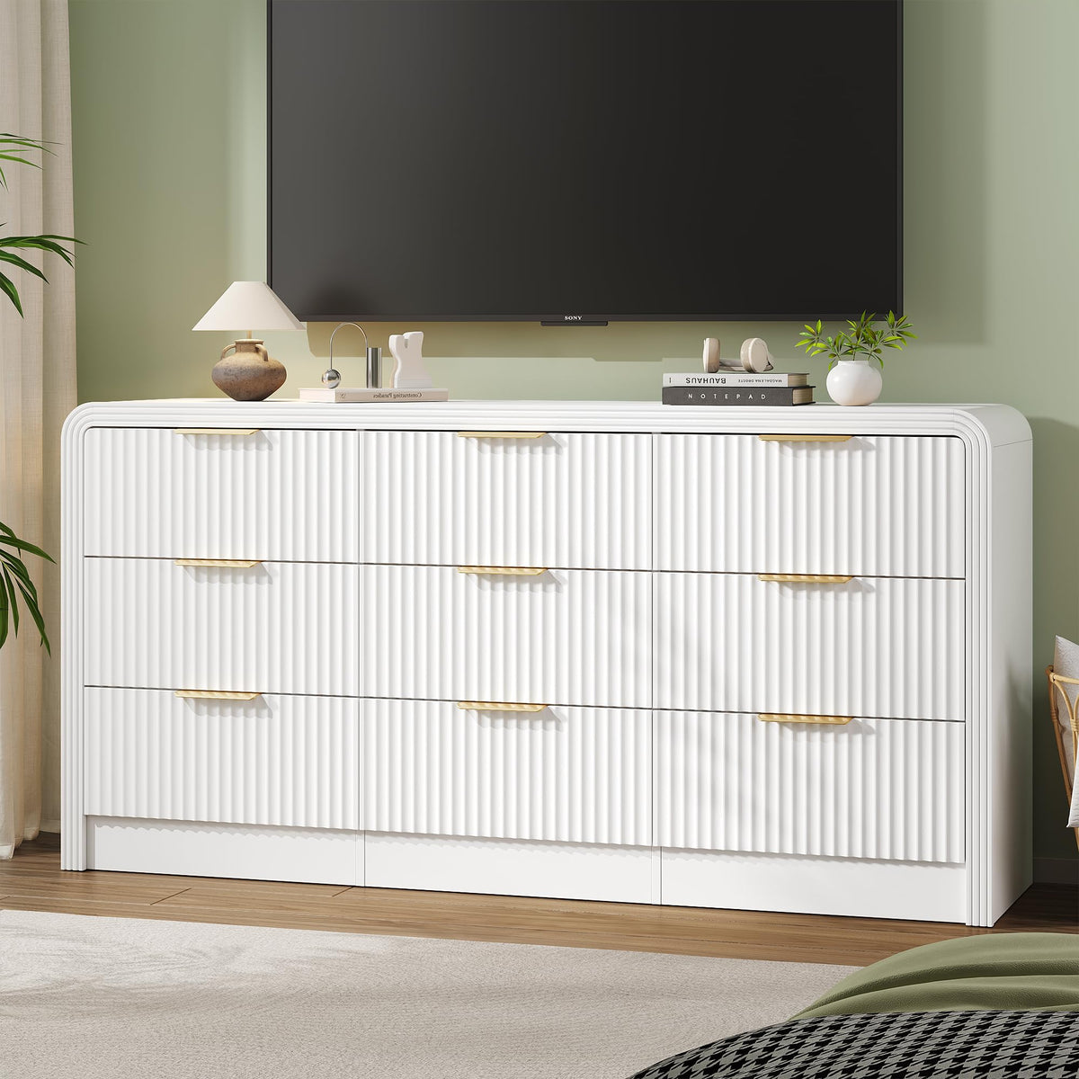 Decofy Fluted 9 Drawers Dresser, 63'' Wide Modern Chest of Drawers with Round Edge & Metal Handle, Wood Drawer Organizer for Bedroom, Living Room, White