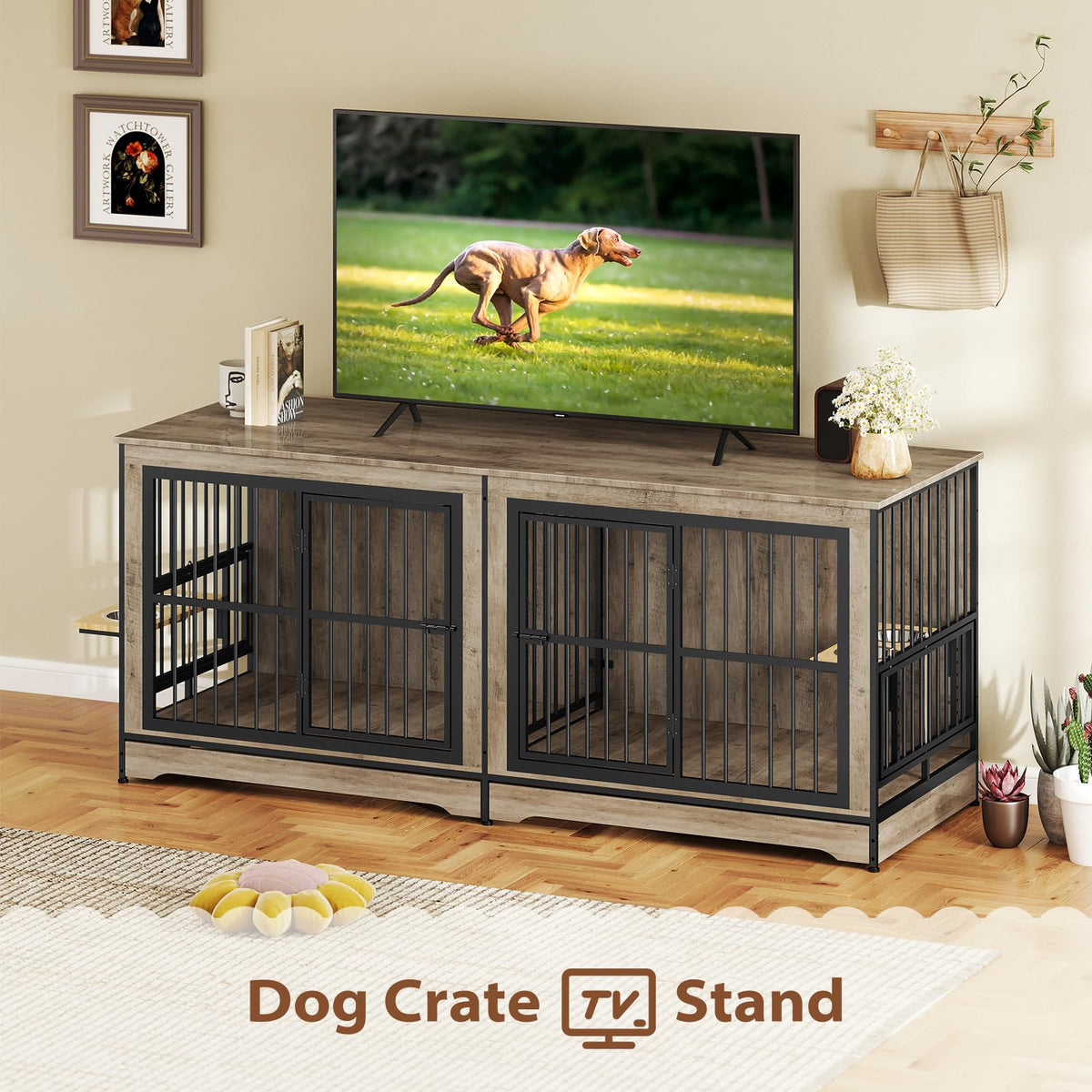 Rovibek 78 Double Dog Crate Furniture for 2 Large Dogs Indoor, Wooden Furniture Dog Crates with Dog Bowl, Dog Kennel Furniture TV Stand Large Breed Grey