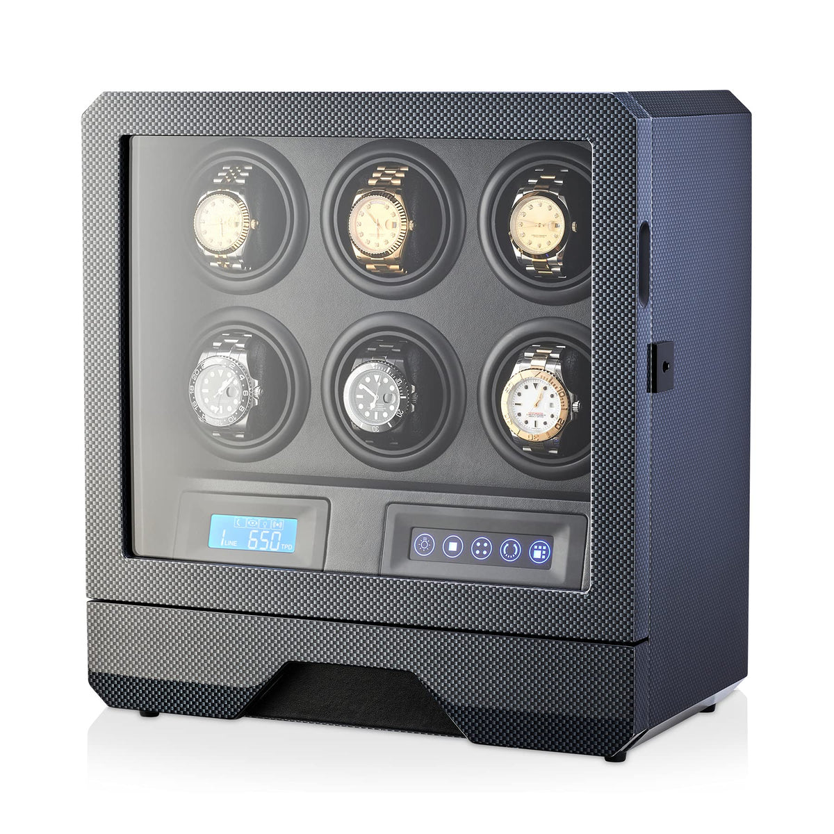 6 Watch Winder with LED Light, LCD Display and Storage Drawer (Carbon)