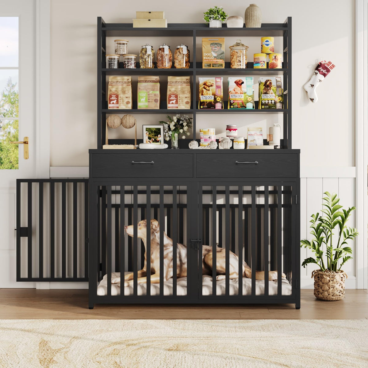 Keyluv 71''H x 47.2''W Large Dog Crate Furniture with 4-Tier Shelves and 2 Storage Drawers, Heavy Duty Dog Cage Furniture with 2 Doors, Wood & Metal Dog Kennel Indoor for Small/Medium/Large Dog, Black