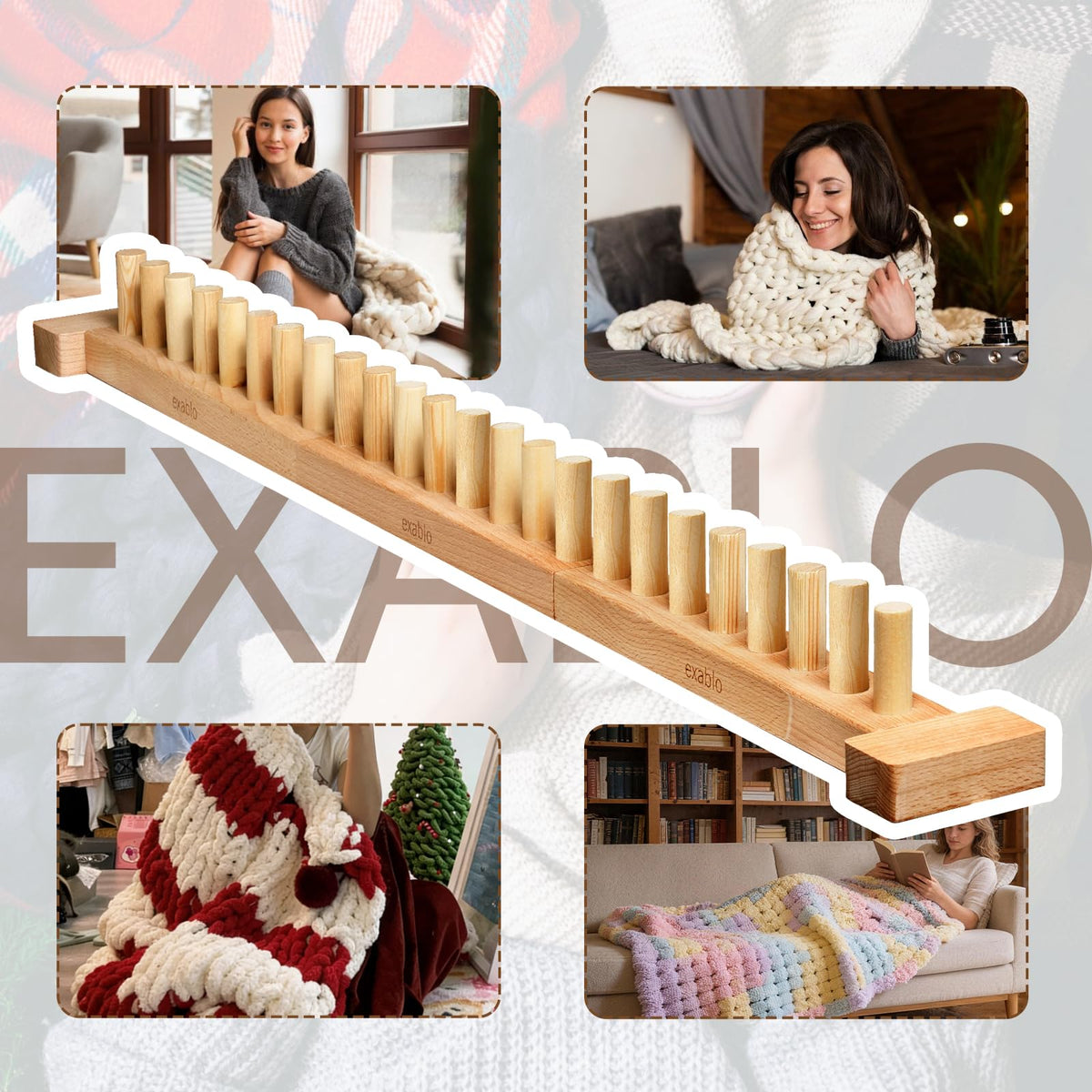 exablo 41" Beechwood Chunky Blanket Loom – Adjustable 3-Section Wooden Knitting Loom for Chunky Yarn, Beginner-Friendly DIY Craft Kit for Adults, No Needles Required