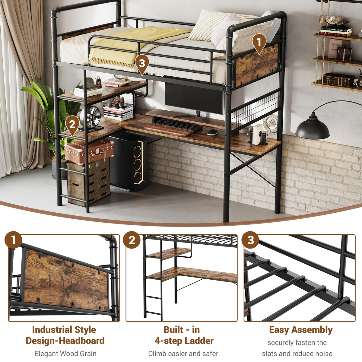 GarveeHome Loft Bunk Bed with L-Shaped Desk, Twin Loft Bed with Desk Underneath, Metal Bunk Beds with High Guardrail and Ladder for Kids/Teens/Adults, Easy Assembly, Vintage Brown
